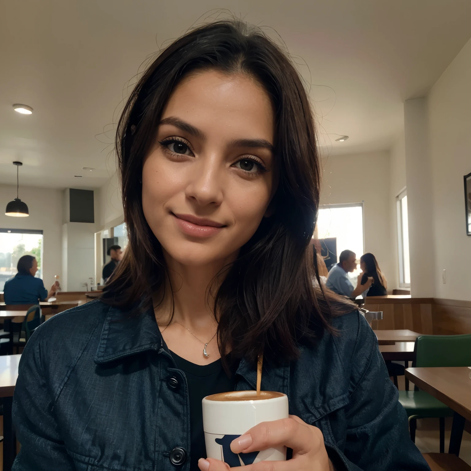 linda loira, wearing navy blue jacket (drinking coffee in a modern cafe at sunset), Muito detalhado, 44 anos de idade, rosto inocente, cabelos ondulados naturais, olhos verdes, high resolution, obra de arte, melhor qualidade, detalhes intrincados, altamente detalhado, sharp focus, pele detalhada, Realista skin textura, textura, olhos detalhados, profissional, 4k, sorriso charmoso, filmado em Canon, 85mm, profundidade superficial de campo,  Cores Kodak Vision, corpo em forma perfeita, extremamente detalhado, foto_\(ultra\), photoRealista, Realista, Post-processing, maximum detail, rugosidade, Vida real, ultra Realista, fotorrealismo, fotografia, 8k hd, fotografia