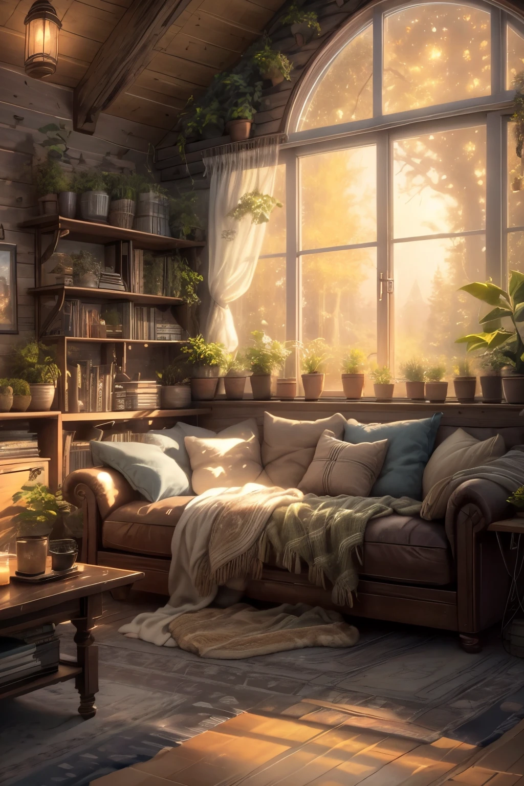 A close up of a couch in a room with a window - SeaArt AI