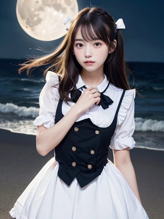(Close up portrait of slender little breasted girl with twin-tailed hair fluttering in the wind in maid dress:1.5)、(Girl sadly looking at full moon shining in night sky:1.3)、(Full moon seaside :1.3)、(tre anatomically correct:1.3)、(complete hands:1.3)、(complete fingers:1.3)、Photorealsitic、Raw photography、masutepiece、top-quality、Hi-Res、delicate and pretty、face perfect、Beautiful detailed eyes、Fair skin、Real Human Skin、pores、((thin legs))、(Dark hair)