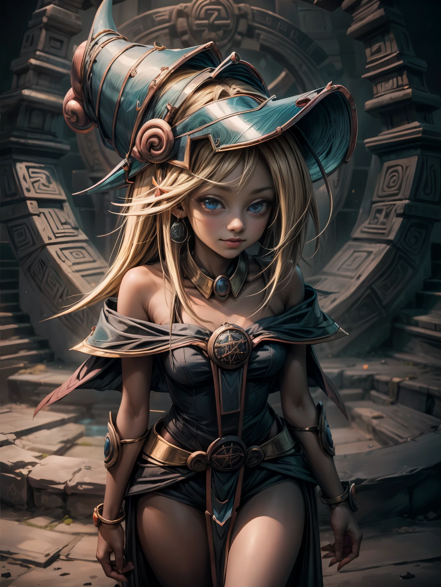 25 year old woman is Dark magician gils Mayan version she is standing,  Magic hearts background. Sonrisa en sus labios. Ojos celestes. blond hair.  ruinas mayas . Un ave quetzal vuela a su alrededor 