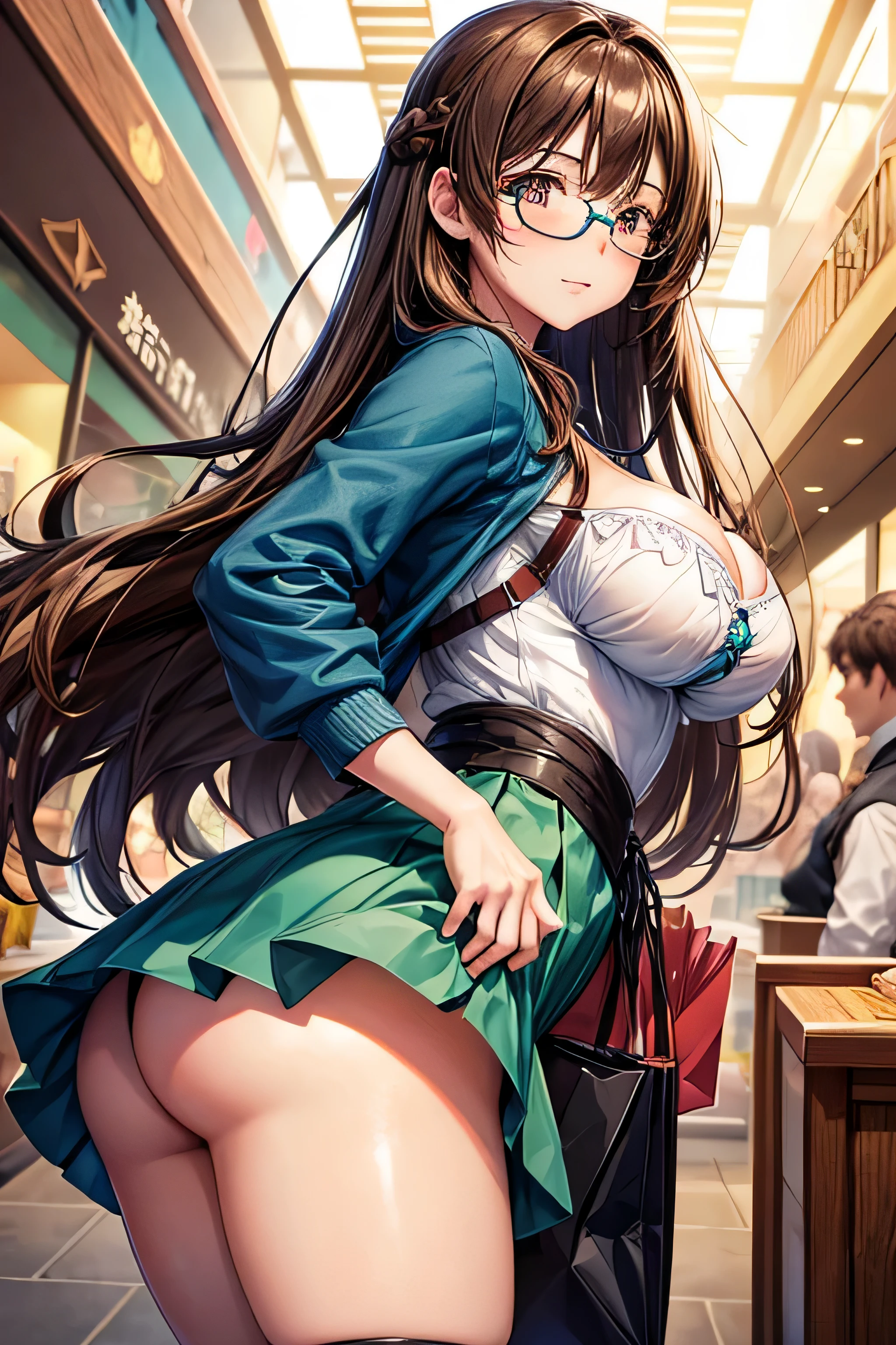 High resolution, high quality, 1 girl, anime girl, brown long hair, brown eyes,heart-shaped pupil, green glasses, tanned skin, big breasts,beautiful breasts, (big ass),beautiful butt,Aqua Cardigan,dark blue dirndl skirt,Are standing,At the shopping mall,