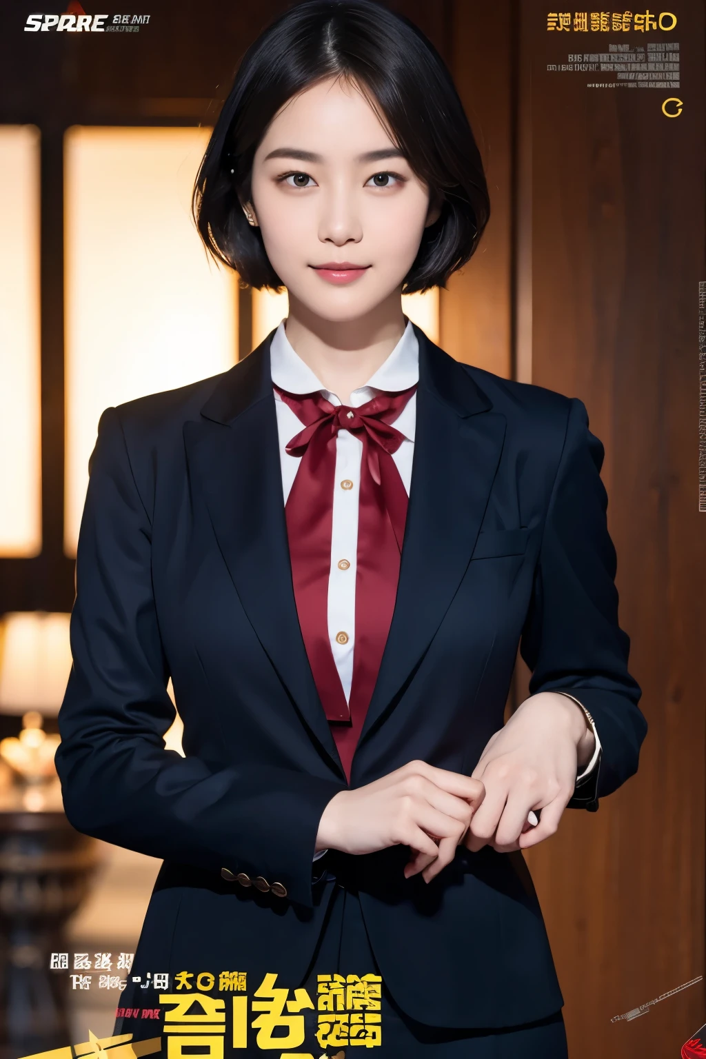 169
Shorthair, a 20 yo woman, gentle smile, working suit, spy movie poster