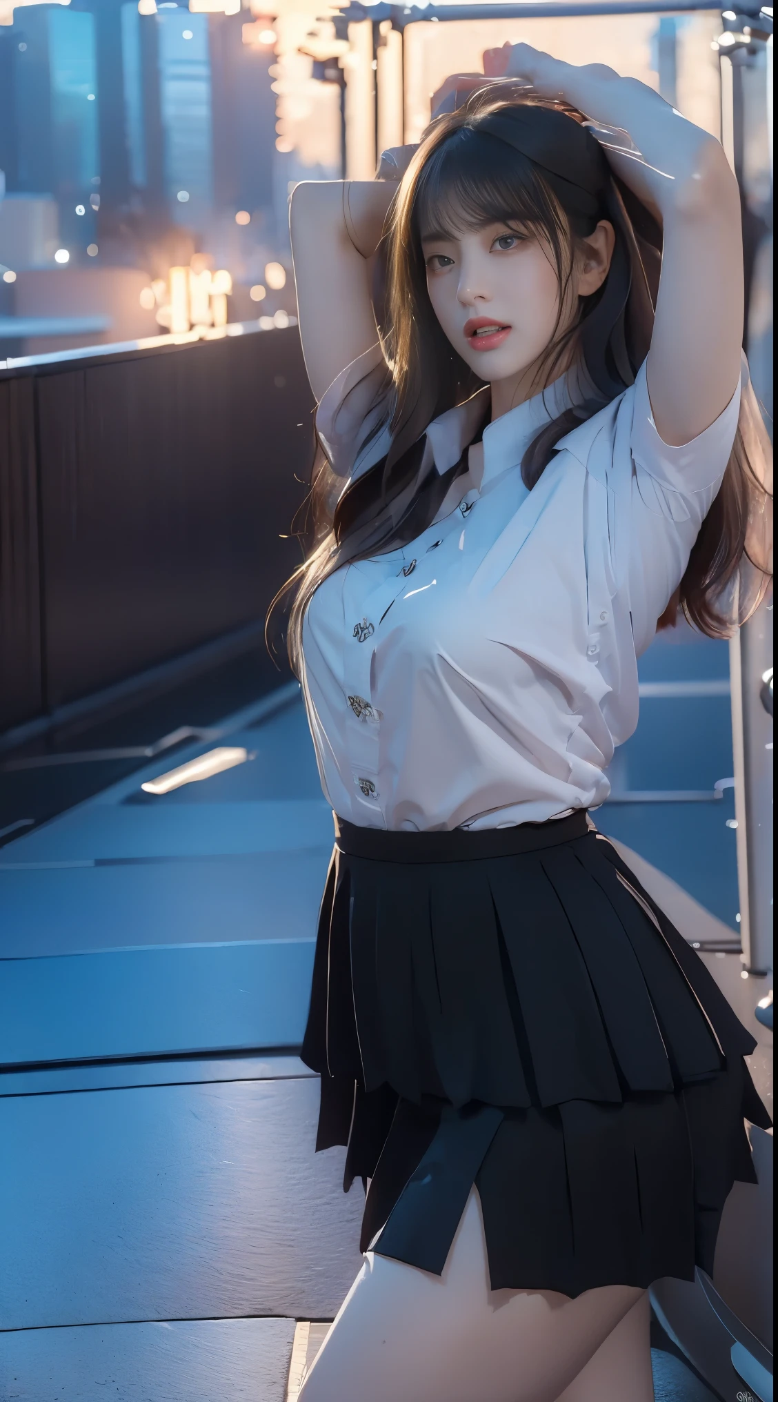 ((Midnight, Best quality, 8k, Masterpiece :1.3)), Whole body, Long legs, Sharp focus :1.2, A pretty woman with perfect figure :1.4, Slender abs, slender thigh :1.1, ((black hair, bangs, layered haircut, small breasts :1.2)), ( student uniform :1.2), ((Night city view, Rooftop:1.3)), Highly detailed face and skin texture, Detailed eyes, Double eyelid, armpits, close up