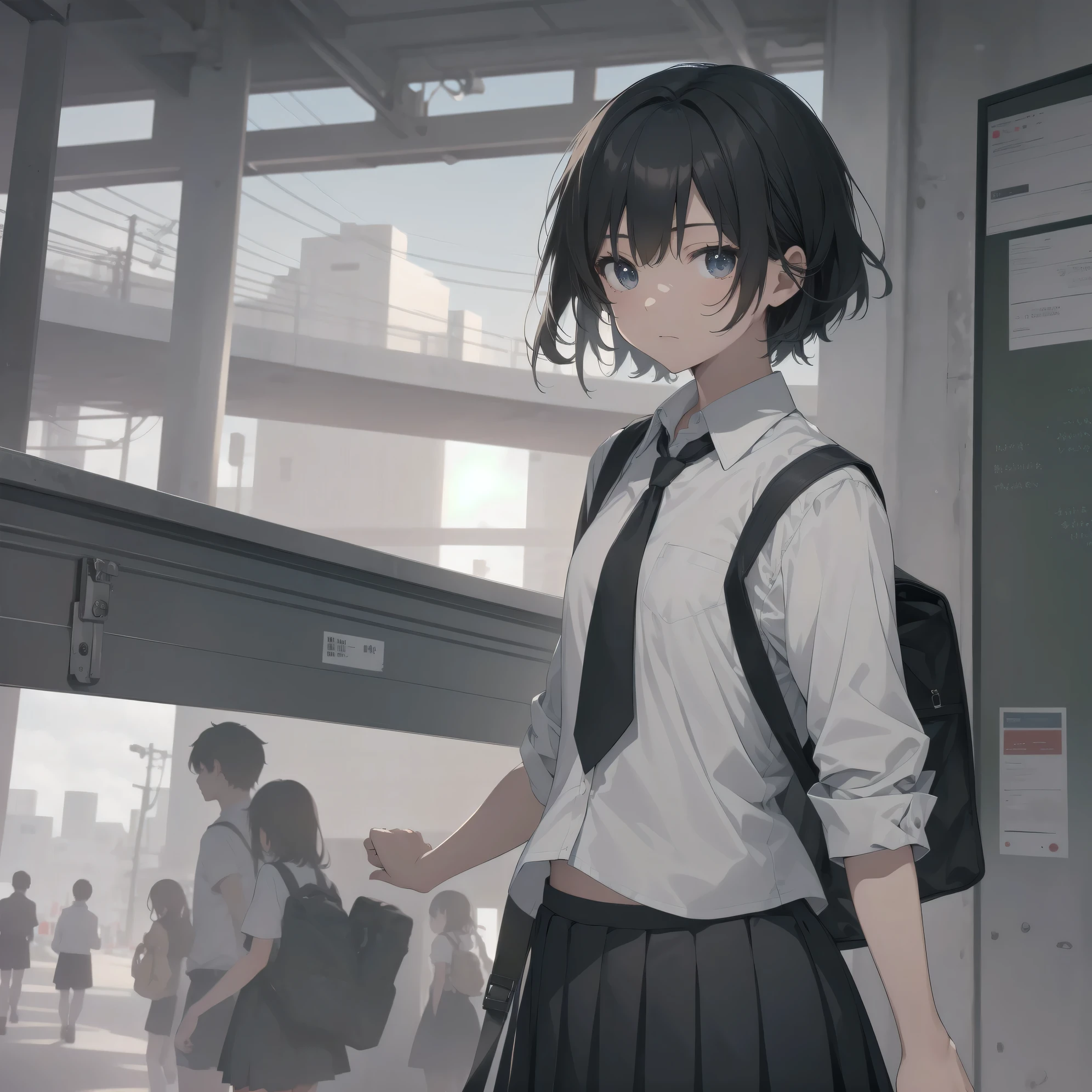 Super absurd quality by the god of art, super detailed, High resolution, anime moe art style, Best Anime 8K Kona-chan Wallpaper, pixiv contest winner, perfect anatomy, break,(眠そうにalone学校へ行く女の子を描いてください. )break,1 girl, (alone, woman, baby fears old:1., full finger,, The charm of an immature body, (very short hair), bangs, flat chest, Small Bodysuits, small ass, between legs, small black eyes, detailed and beautiful eyes, Well-proportioned iris and pupils, expressive eyes, sleepy eyes, High resolutionの詳細な髪, hair grip, neck ribbon, skirt, collared shirt, pleated skirt, school uniform, school bag,(detailed lighting), (detailed background), On the way to school. break,super dense skin, Best movie lighting by famous artists, 8k,cute illustration,photoshop_(Moderate),Absurd Hi-Res,Hmm,rough skin