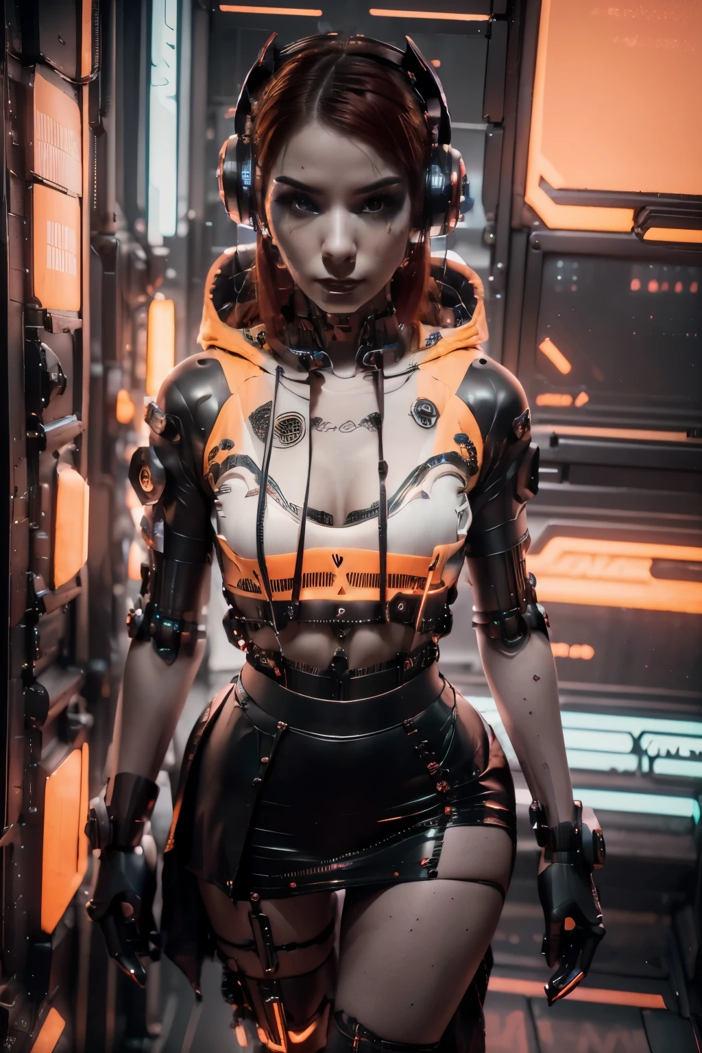 cyberpunk anime style, mulher cyborgue de 25 anos {bimbostyle, big tits, corpo voluptuoso, red lips}, cybernetic implants throughout the body, aspecto sexy, in a futuristic laboratory