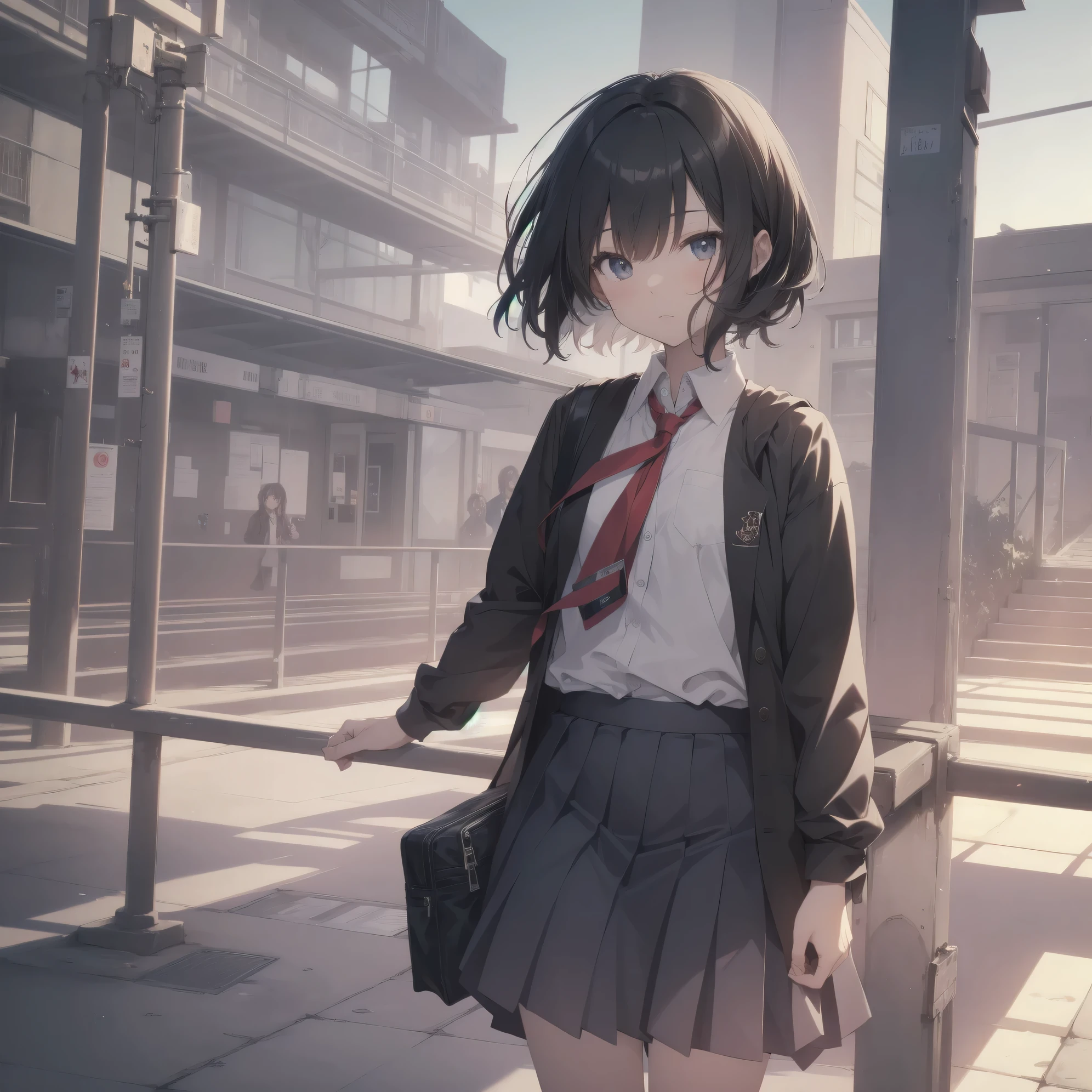 Super absurd quality by the god of art, super detailed, High resolution, anime moe art style, Best Anime 8K Kona-chan Wallpaper, pixiv contest winner, perfect anatomy, break,(眠そうにalone学校へ行く女の子を描いてください. )break,1 girl, (alone,little woman, baby face, 13 years old:1.3),All limbs, full finger,, The charm of an immature body, (very short hair), bangs, flat chest, Small Bodysuits, small ass, between legs, small black eyes, detailed and beautiful eyes, Well-proportioned iris and pupils, expressive eyes, sleepy eyes, High resolutionの詳細な髪, hair grip, neck ribbon, skirt, collared shirt, pleated skirt, school uniform, school bag,(detailed lighting), (detailed background), On the way to school. break,super dense skin, Best movie lighting by famous artists, 8k,cute illustration,photoshop_(Moderate),Absurd Hi-Res,Hmm,rough skin