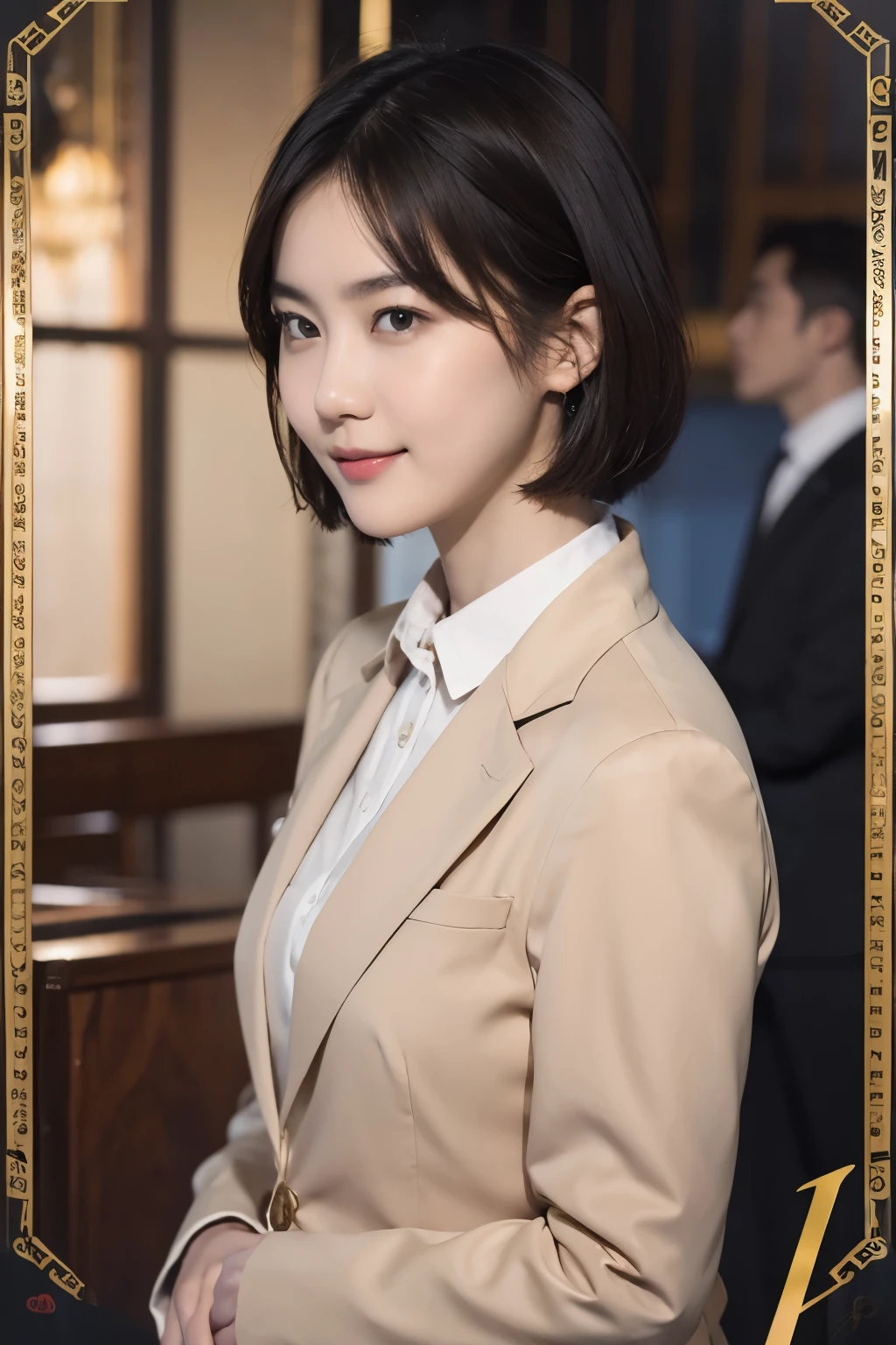 169
Shorthair, a 20 yo woman, gentle smile, working suit, spy movie poster