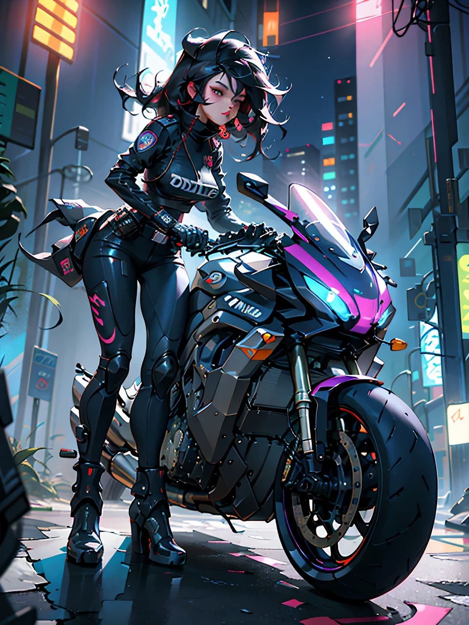 beautiful woman medium hair, Wear a hat, cyberpunk short clothes, cyberpunk police woman, Tomboy, Traffic police, (riding a futuristic bike 1.0), Police Hovercycle Patrol, night, neon