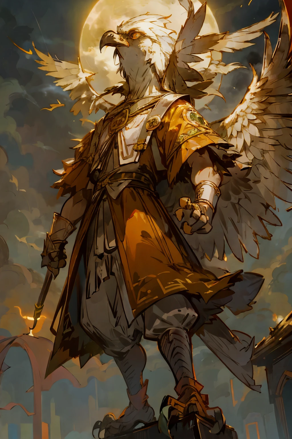 Aarakocra gigante de plumas de color negro, pico amarillo, ojos de color rojo emitivos y una capa de color verde esmeralda. He is standing on a building with a dark night background and a big bright moon