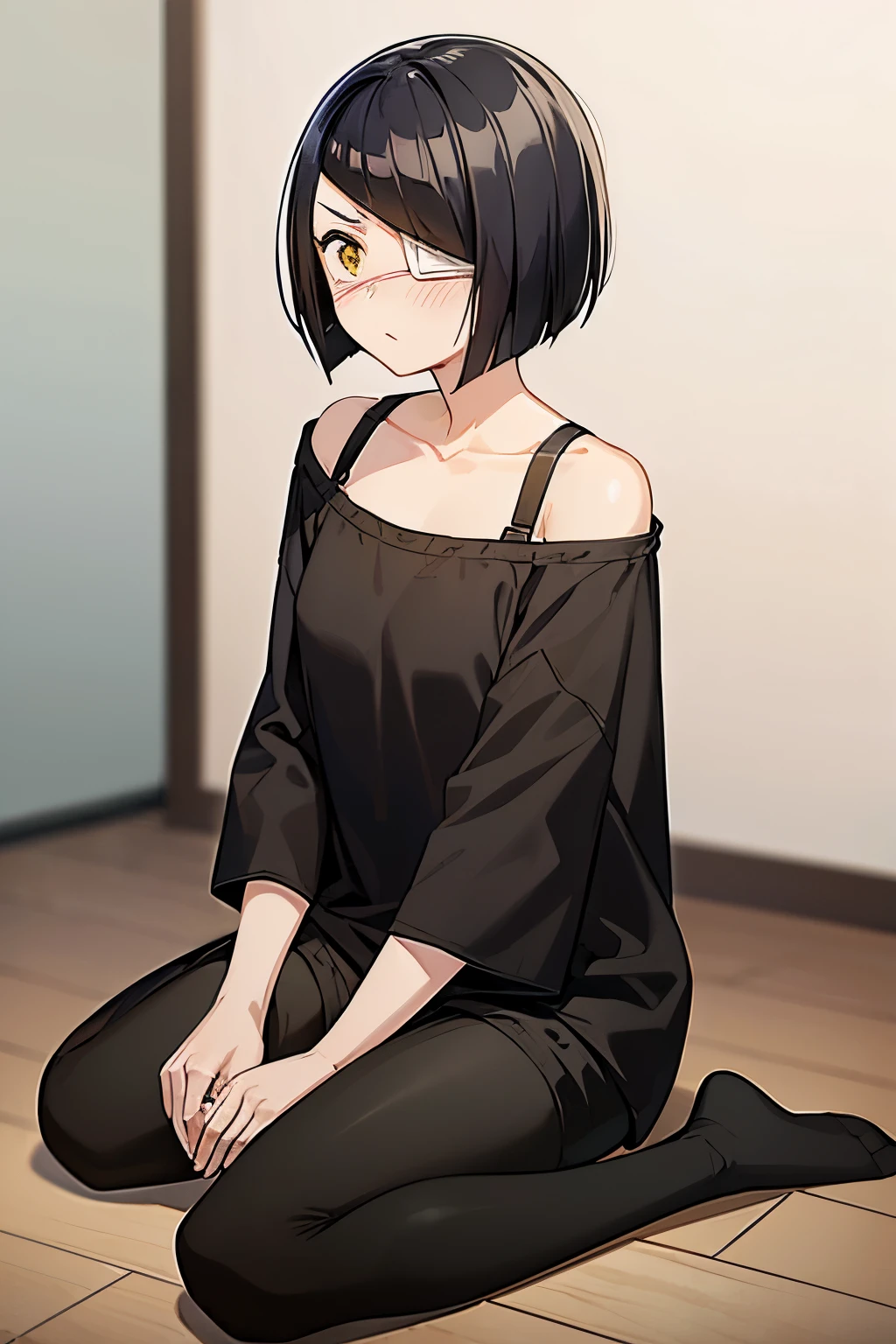 girl, nakanaka_omoharu, black hair, short hair, flat chest, golden eyes, white eye patch, casual outfit, black shirt, oversized shirt, off shoulder, fingerless gloves, black socks, shy, blush, averting gaze, heart, sitting, close up