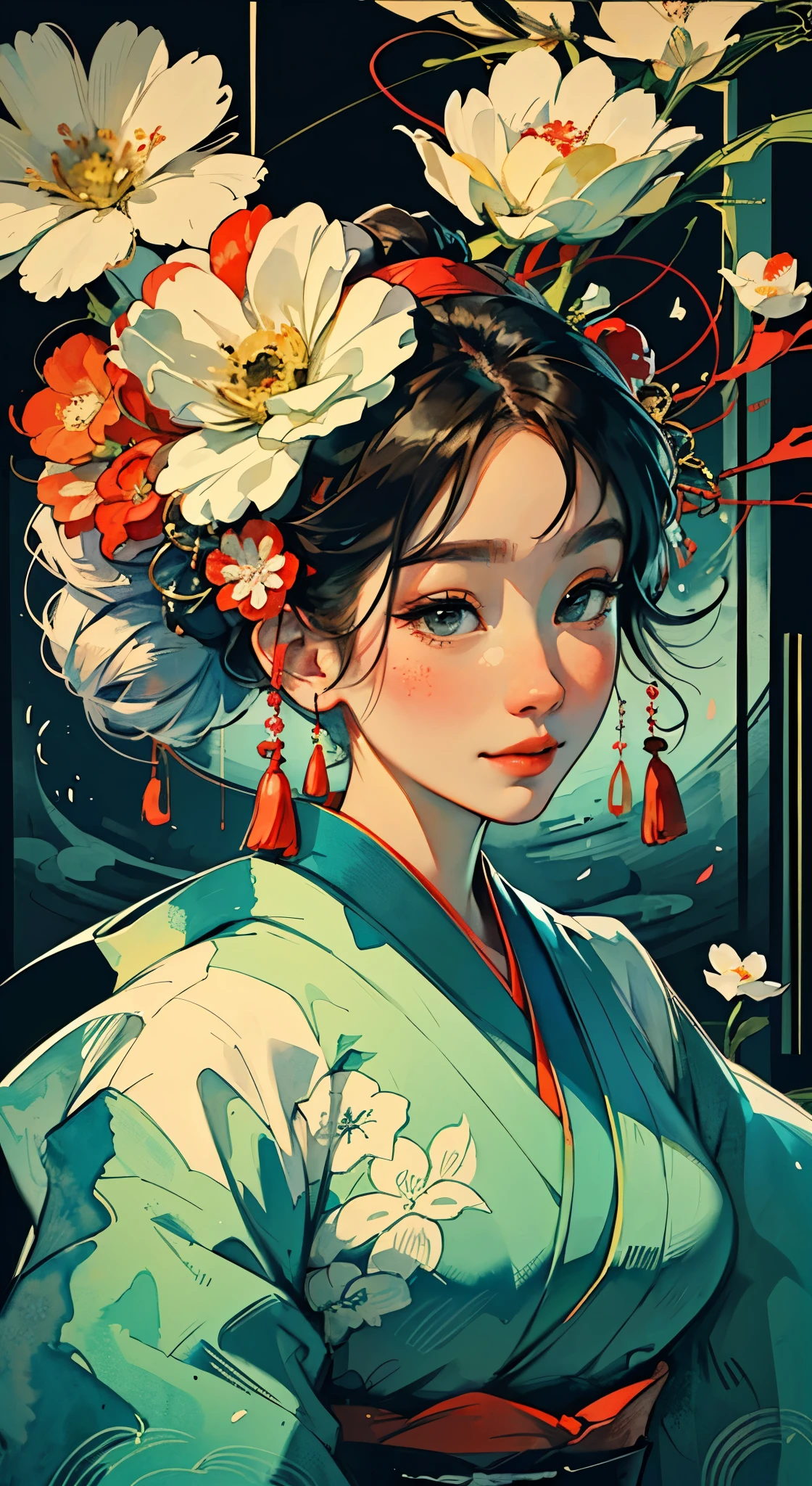 8K, top-quality, hight resolution, Bishoujo 1 25 years old, Flower steamed buns,A slight smil, (traditional Japanese kimono:1.3)、Luxury kimono、no wrinkles at all,watercolor paiting, (Flower hair ornament:1.3), Bauhaus, shapes, lines, abstract,
