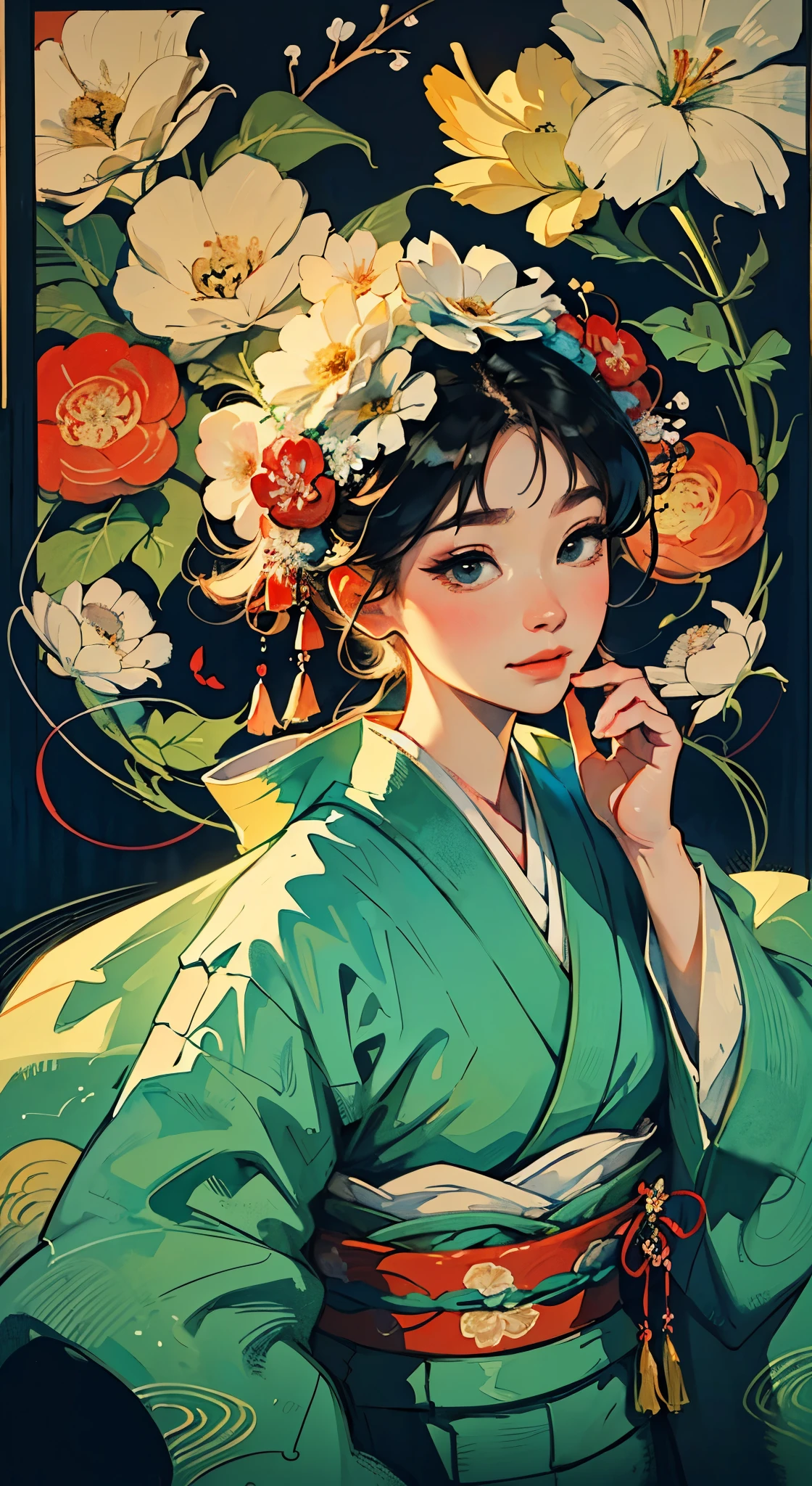 8K, top-quality, hight resolution, Bishoujo 1 25 years old, Flower steamed buns,A slight smil, (traditional Japanese kimono:1.3)、Luxury kimono、no wrinkles at all,watercolor paiting, (Flower hair ornament:1.3), Bauhaus, shapes, lines, abstract,