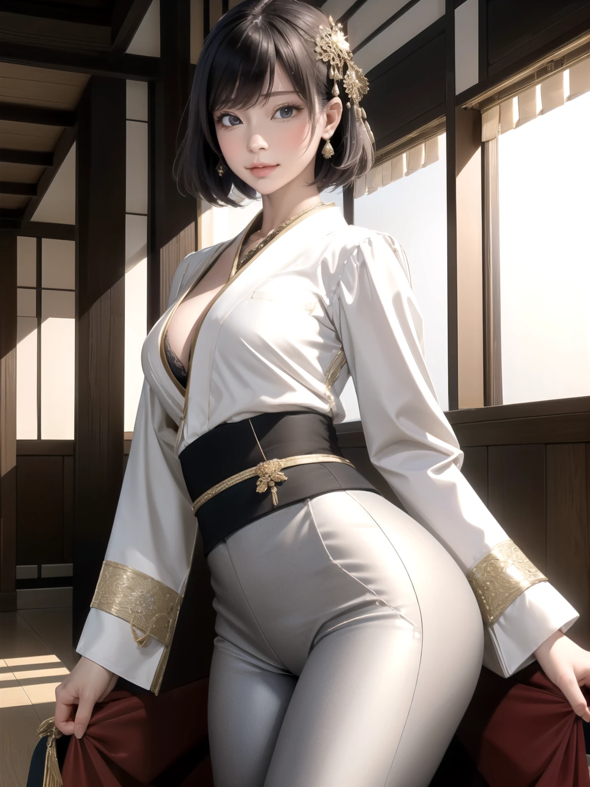 The prompt: (best quality, 8k, 32k, masterpiece:1.2), 1 girl, beautiful Japanese woman, toned waist, grey suit, white shirt, office lady, suit, georgette pants, from behind, office room, desk, (slightly sticking out buttocks:1.2), detailed face, short hair, In this high-quality artwork, a beautiful Japanese woman is depicted wearing a grey suit with a white shirt. She exudes professionalism and confidence as an office lady. The scene is set in an office room, with a desk in the background. The woman is seen from behind, showcasing her toned waist and the perfect fit of her suit. Her georgette pants give a touch of elegance and sophistication to her outfit. The focus of the artwork is on the woman's detailed face. She has short hair that frames her face beautifully. The artist has paid attention to every intricate detail, capturing her beauty and grace. Additionally, her slightly sticking out buttocks enhance her feminine silhouette. The overall image quality is of the highest standard, with a resolution of 8k or even 32k. The artwork is considered a masterpiece, created with utmost precision and artistry. The composition is meticulous, ensuring every aspect is portrayed with clarity and realism. The art style chosen for this piece leans towards portraiture, emphasizing the subject's beauty and capturing her essence as a Japanese office lady. The color palette used in the artwork is harmonious and complementary, enhancing the overall aesthetics. To further enhance the visual experience, the lighting is meticulously crafted, showcasing the woman's features and adding depth to the scene. The artist has applied professional techniques to create a lifelike image, with sharp focus and vivid colors.