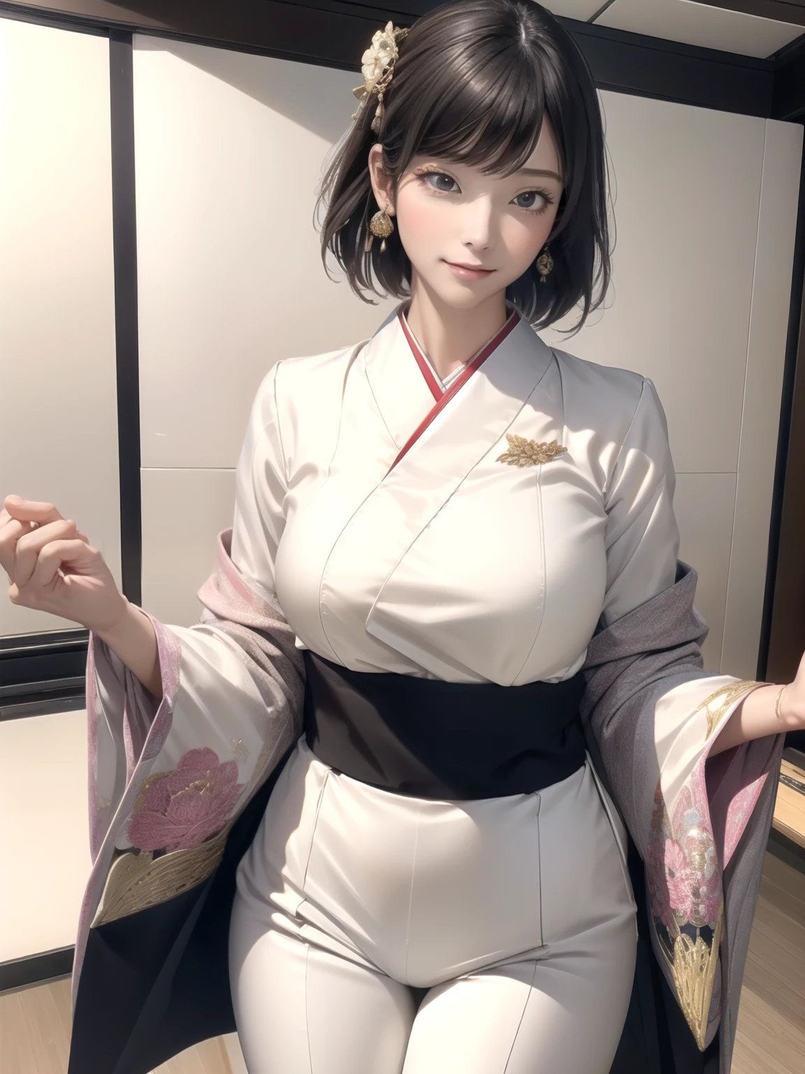 The prompt: (best quality, 8k, 32k, masterpiece:1.2), 1 girl, beautiful Japanese woman, toned waist, grey suit, white shirt, office lady, suit, georgette pants, from behind, office room, desk, (slightly sticking out buttocks:1.2), detailed face, short hair, In this high-quality artwork, a beautiful Japanese woman is depicted wearing a grey suit with a white shirt. She exudes professionalism and confidence as an office lady. The scene is set in an office room, with a desk in the background. The woman is seen from behind, showcasing her toned waist and the perfect fit of her suit. Her georgette pants give a touch of elegance and sophistication to her outfit. The focus of the artwork is on the woman's detailed face. She has short hair that frames her face beautifully. The artist has paid attention to every intricate detail, capturing her beauty and grace. Additionally, her slightly sticking out buttocks enhance her feminine silhouette. The overall image quality is of the highest standard, with a resolution of 8k or even 32k. The artwork is considered a masterpiece, created with utmost precision and artistry. The composition is meticulous, ensuring every aspect is portrayed with clarity and realism. The art style chosen for this piece leans towards portraiture, emphasizing the subject's beauty and capturing her essence as a Japanese office lady. The color palette used in the artwork is harmonious and complementary, enhancing the overall aesthetics. To further enhance the visual experience, the lighting is meticulously crafted, showcasing the woman's features and adding depth to the scene. The artist has applied professional techniques to create a lifelike image, with sharp focus and vivid colors.