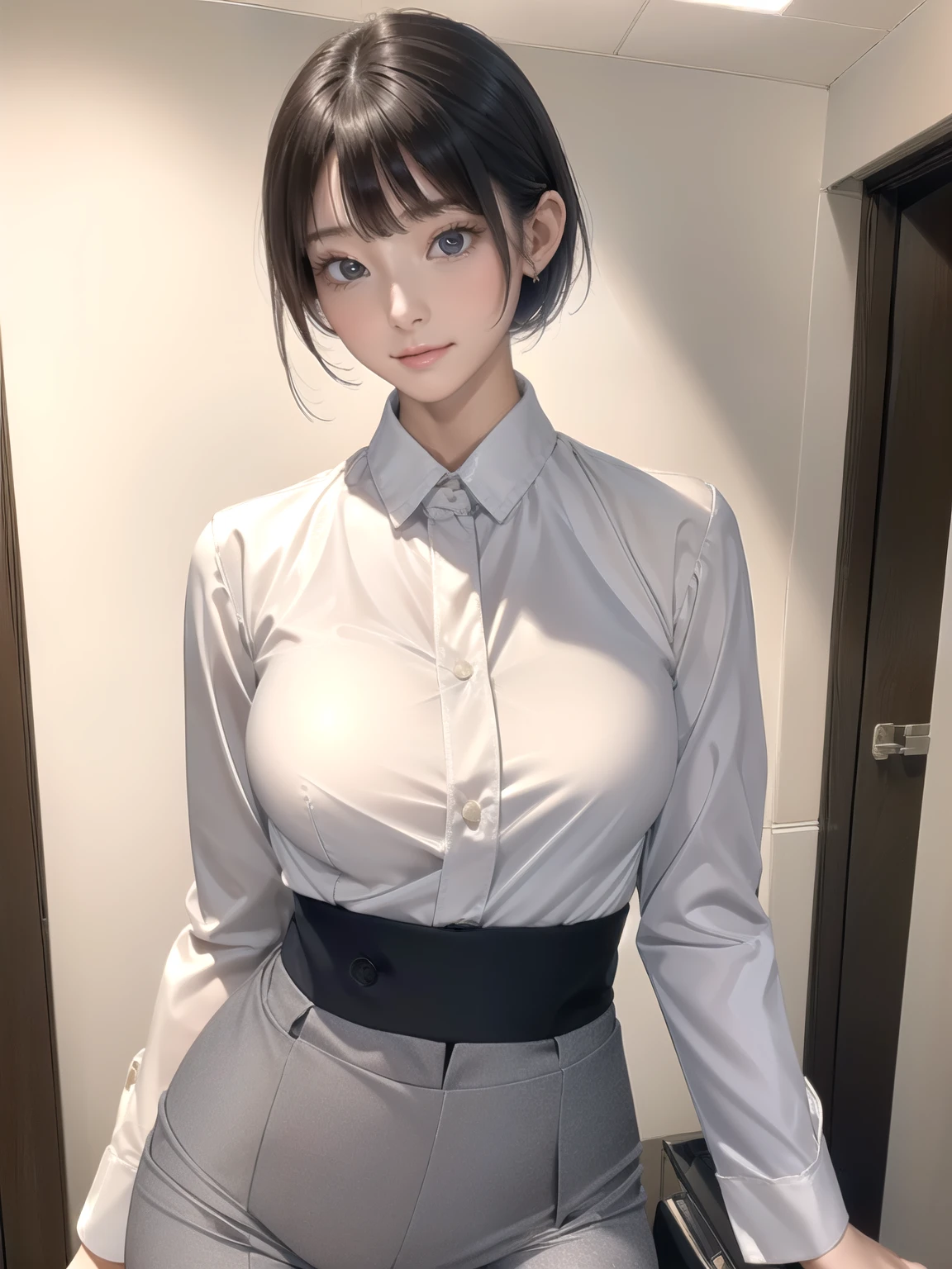 (highest quality, 8k, 32K, masterpiece, Hmm:1.2), 1 girl, beautiful japanese woman, tight waist, grey suit, white shirt, office lady, suit, georgette pants, from behind, office room, machine, (stick out your butt:1.2), detailed face, short hair,