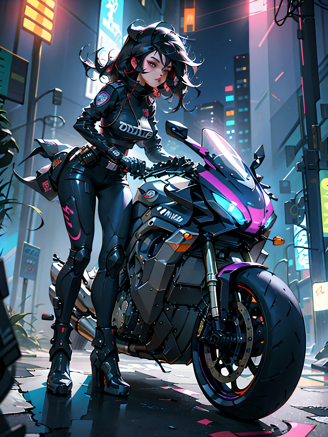 beautiful woman medium hair, Wear a hat, cyberpunk short clothes, cyberpunk police woman, Tomboy, Traffic police, (Riding a futuristic bicycle 1.0), Police Hovercycle Patrol, night, neon