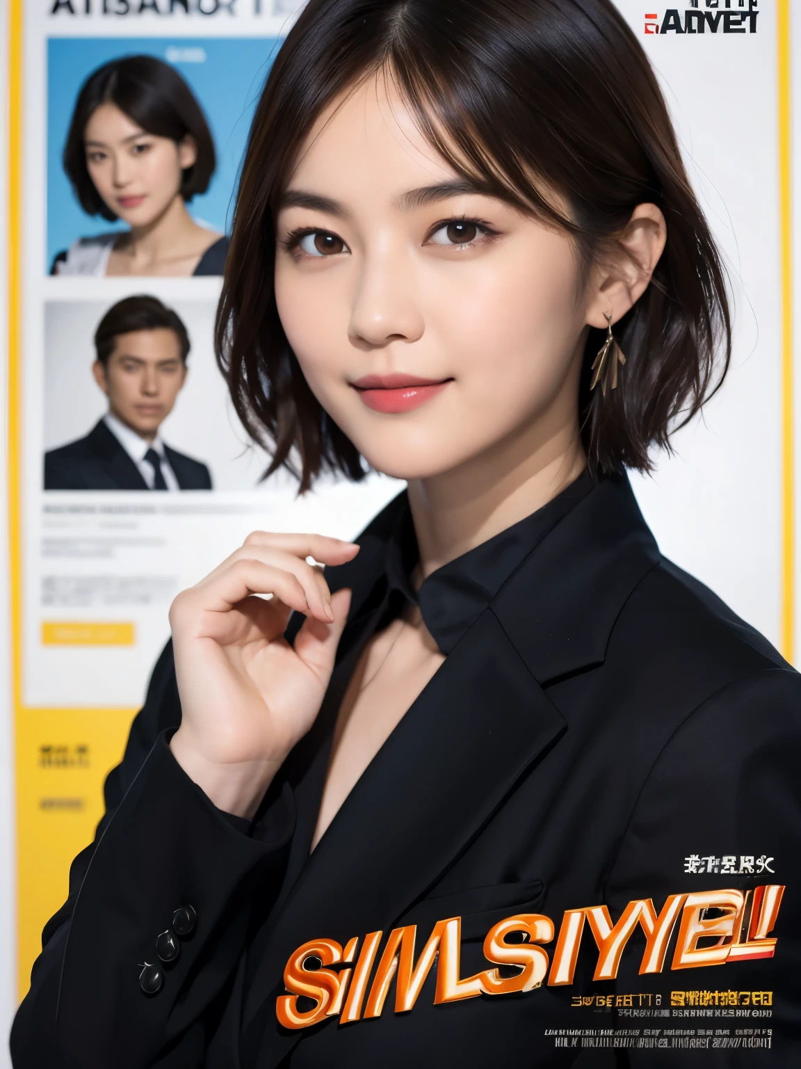 169
Shorthair, a 20 yo woman, gentle smile, working suit, spy movie poster
