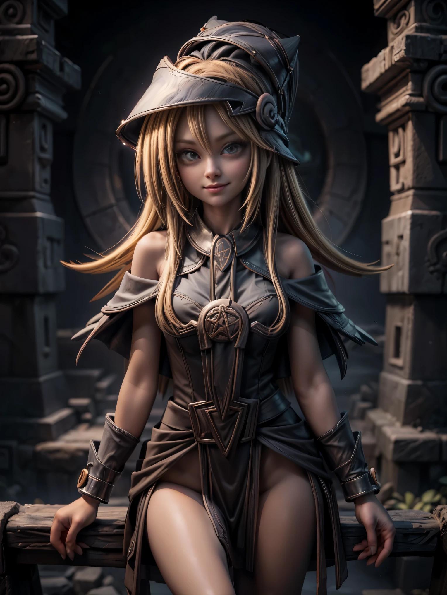 25 year old woman is Dark magician gils Mayan version she is standing, Magic hearts background. Sonrisa en sus labios. Ojos celestes. blond hair. ruinas mayas . Un ave quetzal vuela a su alrededor