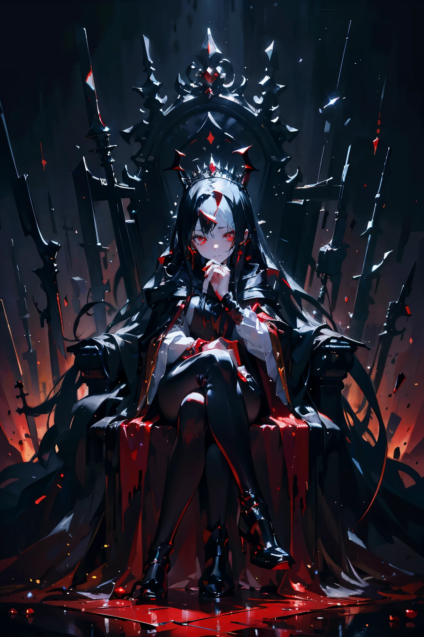 oil painting, 1 vampire woman,black long hair,silver tiara with red gems on head,dark red eyes,black-red cloak,black dress,emotionless pale face ,sitting on a throne ,anime style,hd formal, fancy, sparkle,simple background,black envoirment