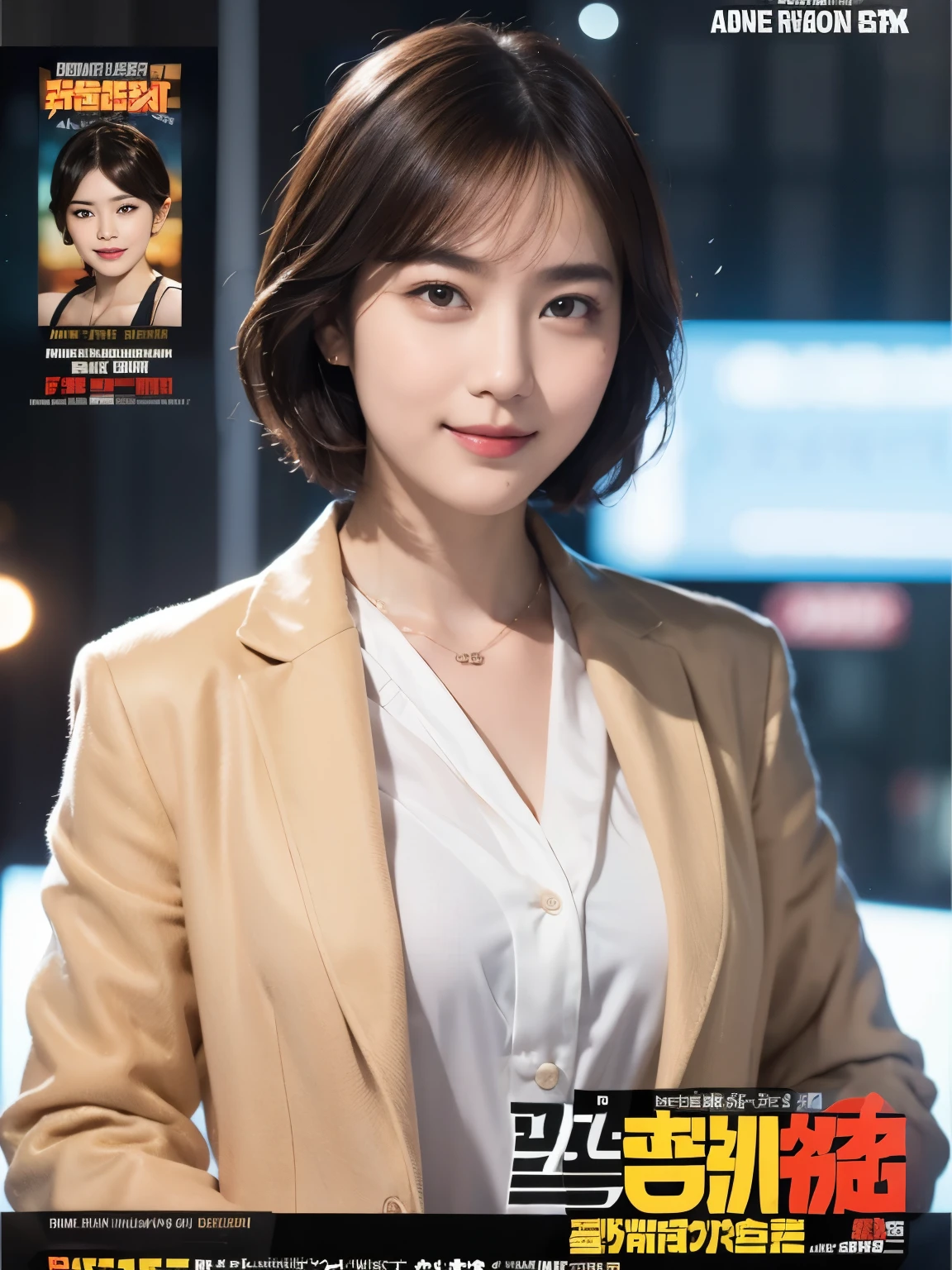 169
Shorthair, a 20 yo woman, gentle smile, working suit, spy movie poster