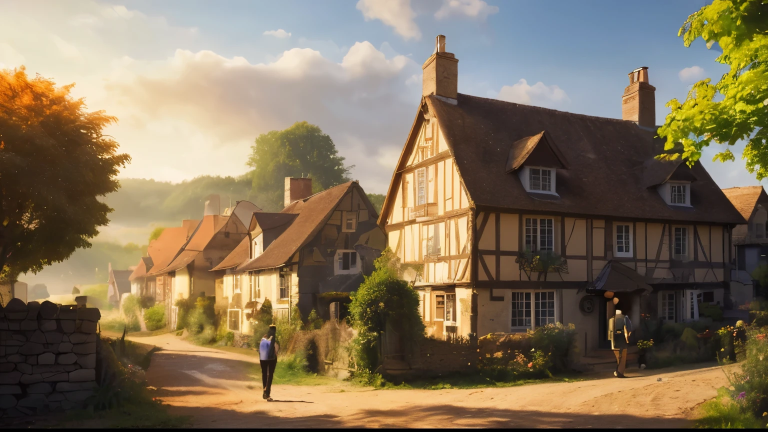 A young man of approximately 25, with an arrogant expression, raising his head as he enters the village, carrying a backpack on his back and looking around curiously, the village must be similar to the photo