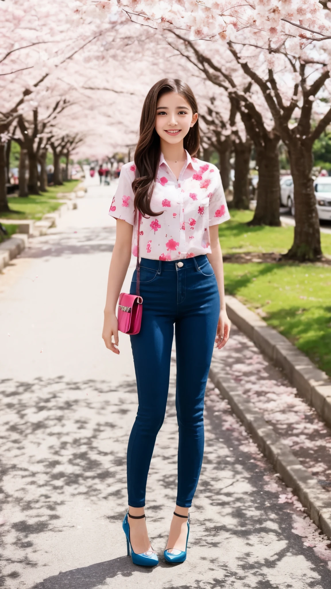 Beautiful Latina teenager, short sleeve shirt, leggings, high heels, Japanese country street, cherry blossom trees