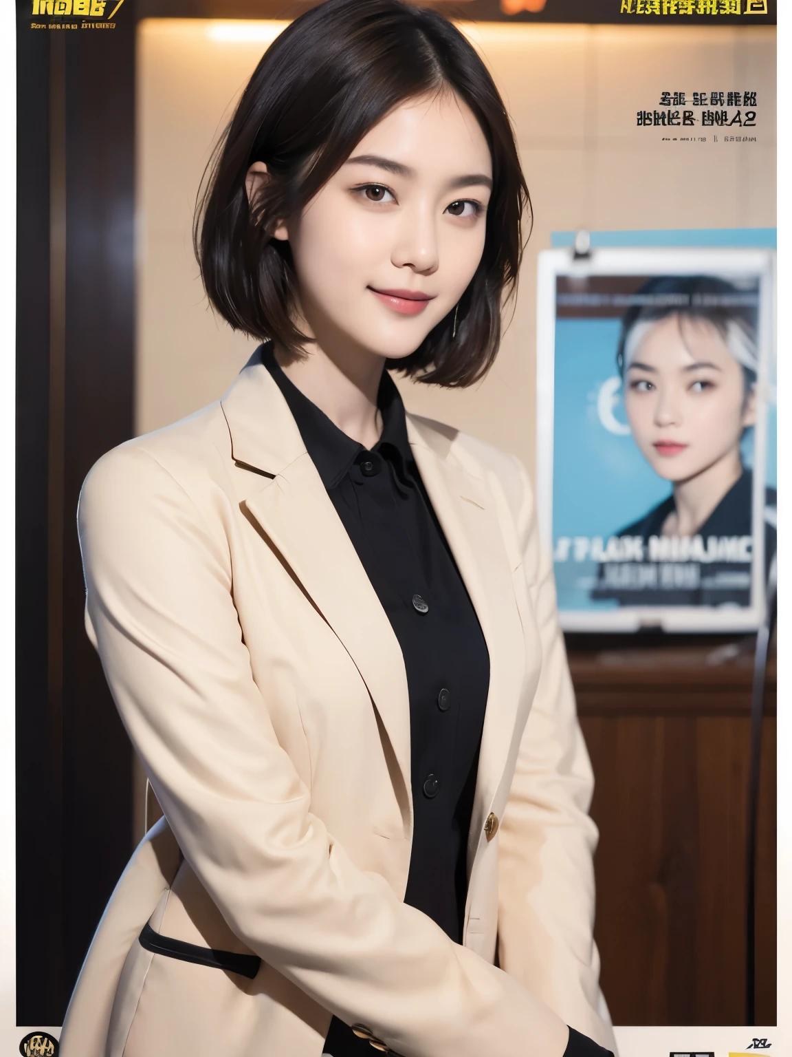 169
Shorthair, a 20 yo woman, gentle smile, working suit, spy movie poster
