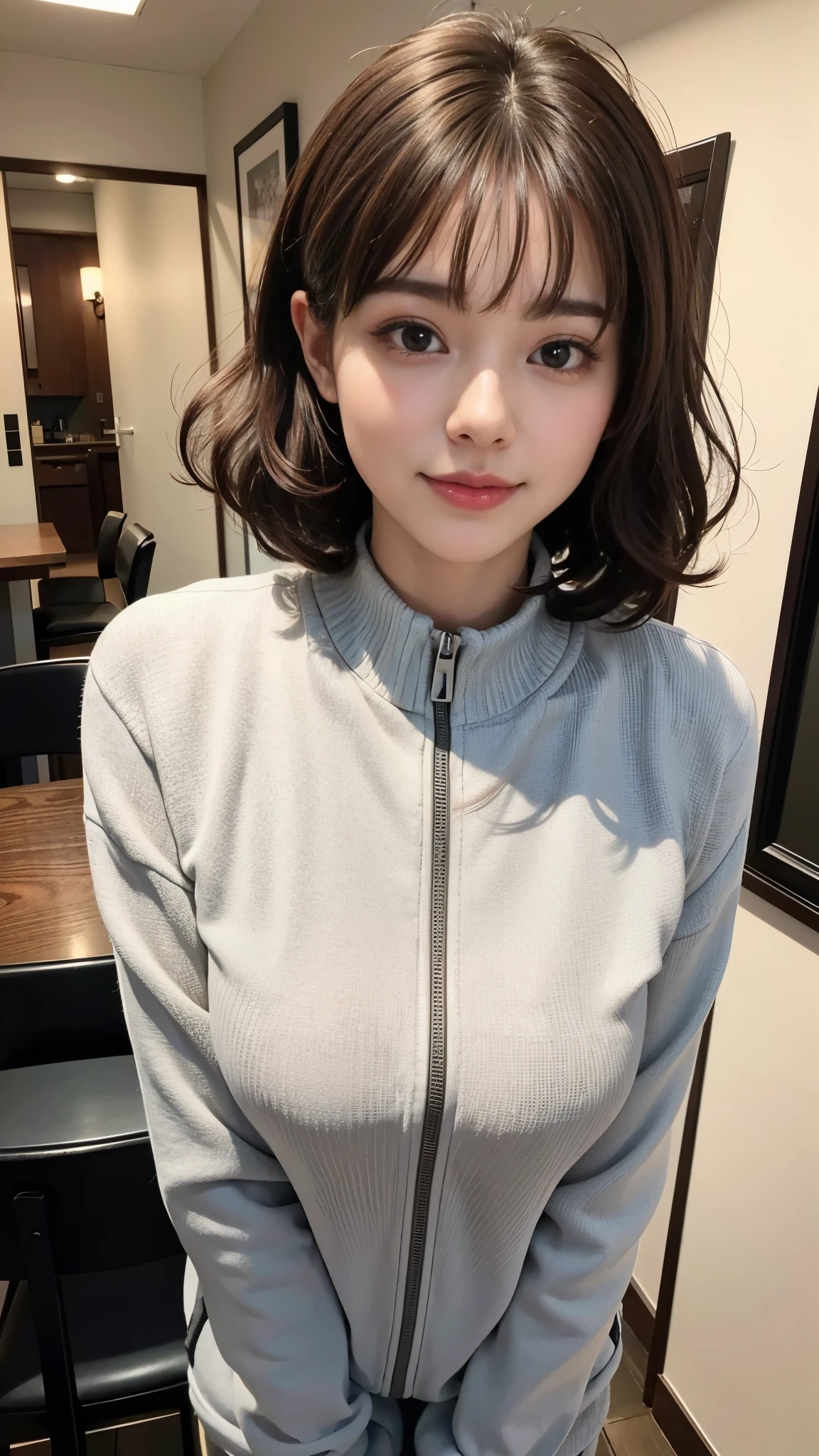 (close up shot)４K、High resolution、｟big breasts 1.6｠、With bangs、looking at camera、｟smile 1.6｠｟brown hair｠、19 years old、((short hair｠curly hair、1 girl、tracksuit、japanese woman、beautiful girl、well-groomed face、cute、Inside the apartment