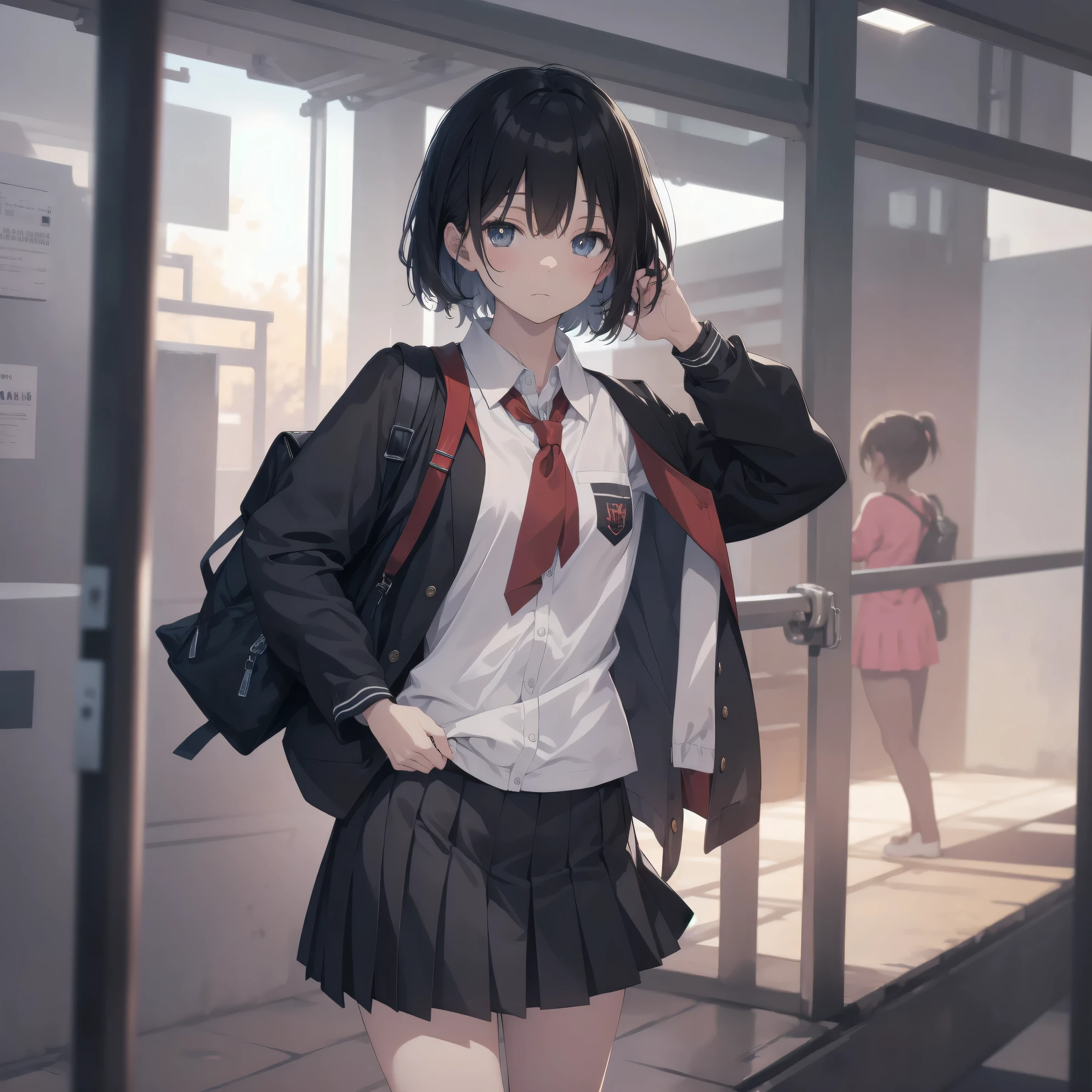 Super absurd quality by the god of art, super detailed, High resolution, anime moe art style, Best Anime 8K Kona-chan Wallpaper, pixiv contest winner, perfect anatomy, break,(眠そうにalone学校へ行く女の子を描いてください. )break,1 girl, (alone, woman, baby fears old:1., full finger,, The charm of an immature body, (very short hair), bangs, flat chest, Small Bodysuits, small ass, between legs, small black eyes, detailed and beautiful eyes, Well-proportioned iris and pupils, expressive eyes, sleepy eyes, High resolutionの詳細な髪, hair grip, neck ribbon, skirt, collared shirt, pleated skirt, school uniform, school bag,(detailed lighting), (detailed background), On the way to school. break,super dense skin, Best movie lighting by famous artists, 8k,cute illustration,photoshop_(Moderate),Absurd Hi-Res,Hmm,rough skin