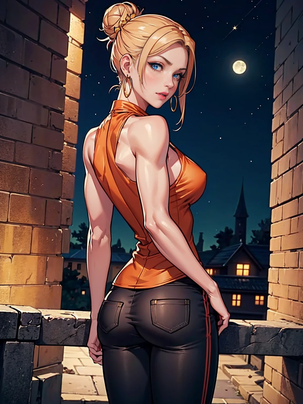((looking at viewer, medium breasts, pink lipstick, Extremely detailed, ambient soft lighting, lighting, 4k, perfect eyes, a perfect face, perfect lighting, a 1girl)), austere, (((sexy blouse, malicious, jade earrings, gold jewelry, orange bouse, black pantalona tailoring pants, orange satin halter blouse, sleeveless blouse)), night sky, clouds, erotica, lots of erotica, (graffiti alley, graffiti walls, in an alley, night, (moonlight, starry night, Milky Way)), back), (((austere, ((masterpiece, cowboy shot, dark fantasy, intricate, highly detailed, 1girl)))), (1girl, solo, Reina Morimoto, morimoto_reina, ((blue eyes, hair bun, high bun of hair), lipstick, gold earrings, muscular, fitness))), sensual pose, Beautiful, back