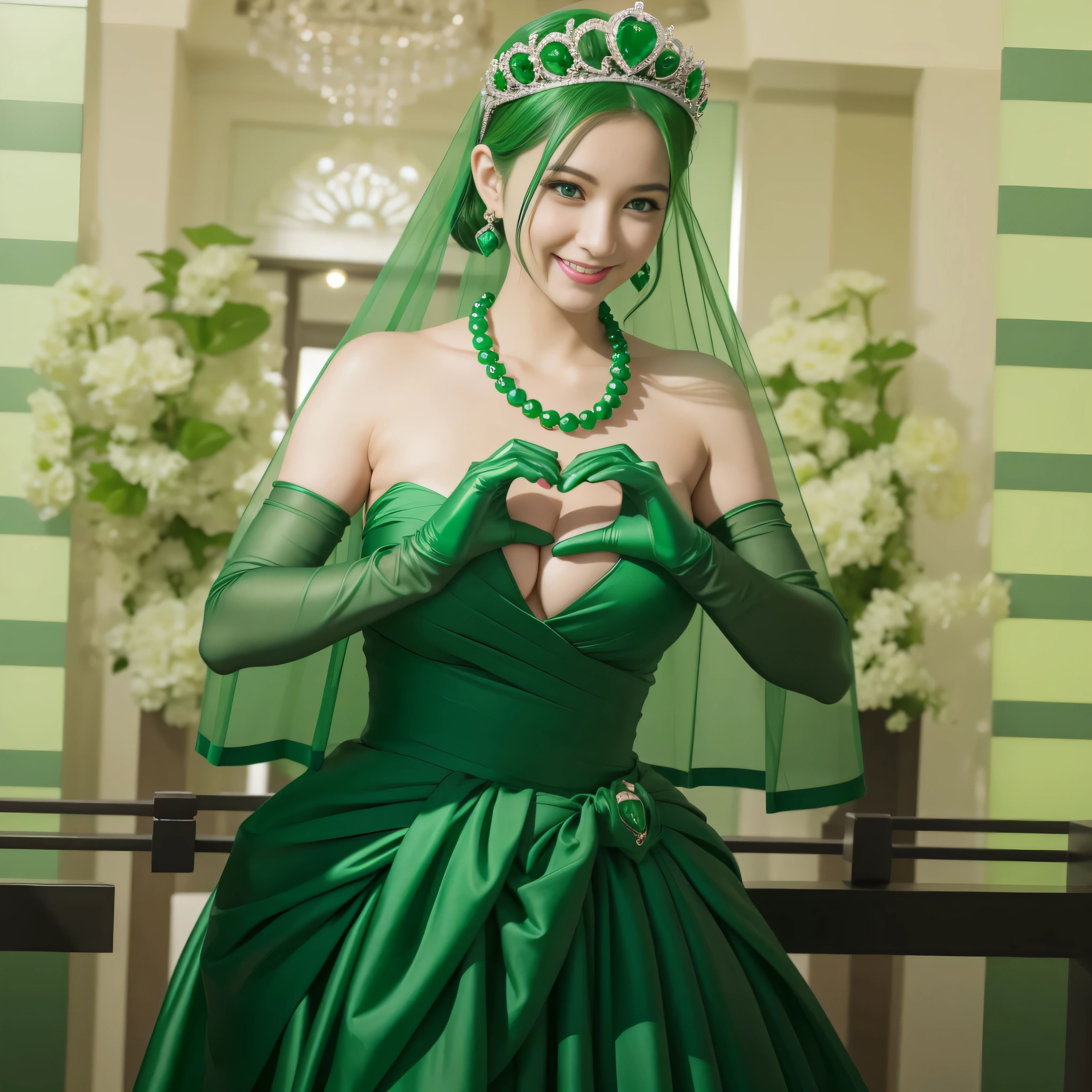 emerald tiara, Green Pearl Necklace, ボーイッシュな非常に短いgreen hair, green lips, smiling Japanese woman, very short hair, Beautiful woman with big breasts, green eyes, green satin long gloves, green eyes, emerald earrings, Green veil, Heart with both hands, green hair, beautiful japanese woman, heart shaped hands:1.3, green lip gloss