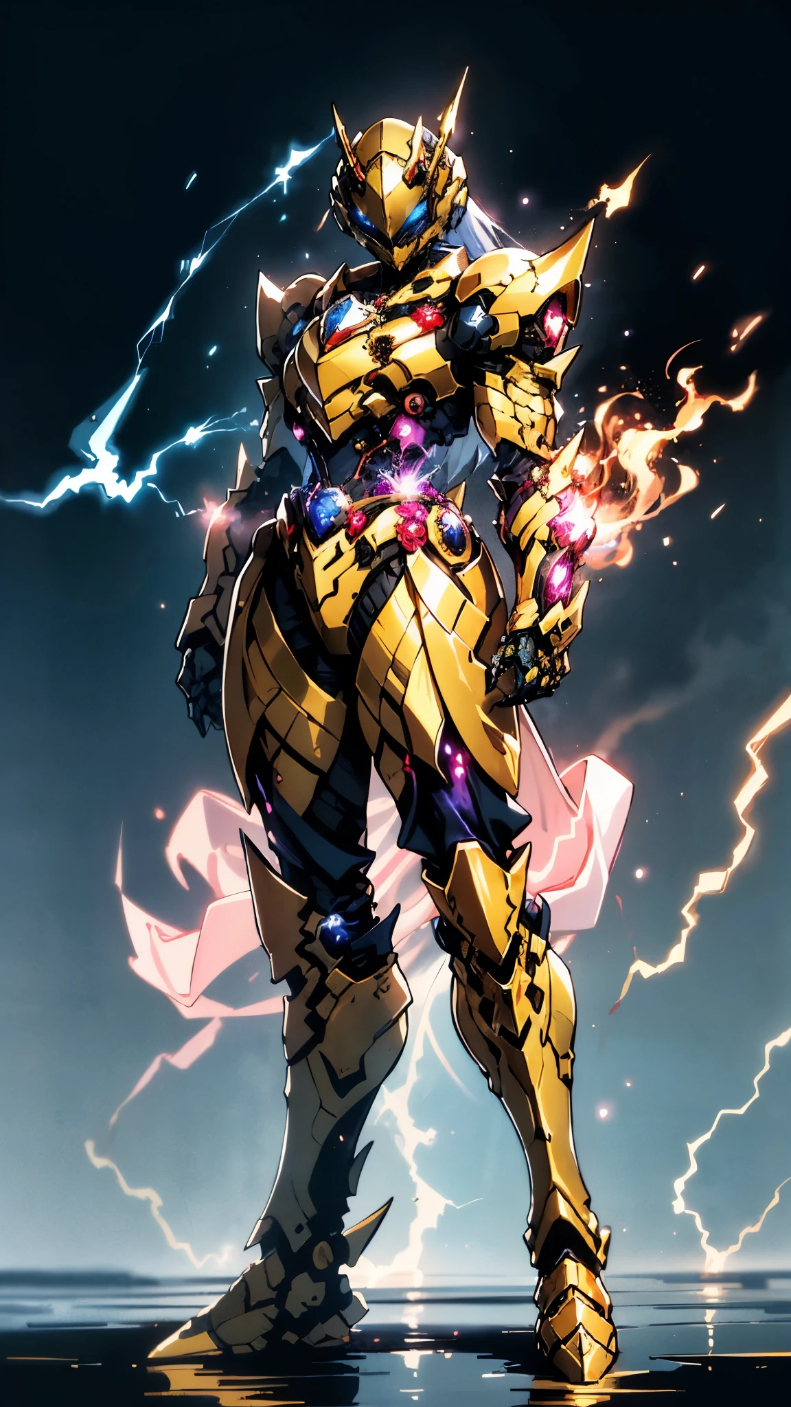 A woman adorned in fantasy-style full-body armor, a crown-concept fully enclosed helmet that unveils only her eyes, a composite layered chest plate, fully encompassing shoulder and hand guards, a lightweight waist armor, form-fitting shin guards, the overall design is heavy-duty yet flexible, ((the armor gleams with a golden glow, complemented by red and blue accents)), exhibiting a noble aura, she floats above a fantasy-surreal high-tech city, this character embodies a finely crafted fantasy-surreal style armored hero in anime style, exquisite and mature manga art style, (Queen bee mixed with Spider concept Armor, plasma, blood), ((Element, energy, elegant, goddess, femminine:1.5)), metallic, high definition, best quality, highres, ultra-detailed, ultra-fine painting, extremely delicate, professional, anatomically correct, symmetrical face, extremely detailed eyes and face, high quality eyes, creativity, RAW photo, UHD, 32k, Natural light, cinematic lighting, masterpiece-anatomy-perfect, masterpiece:1.5