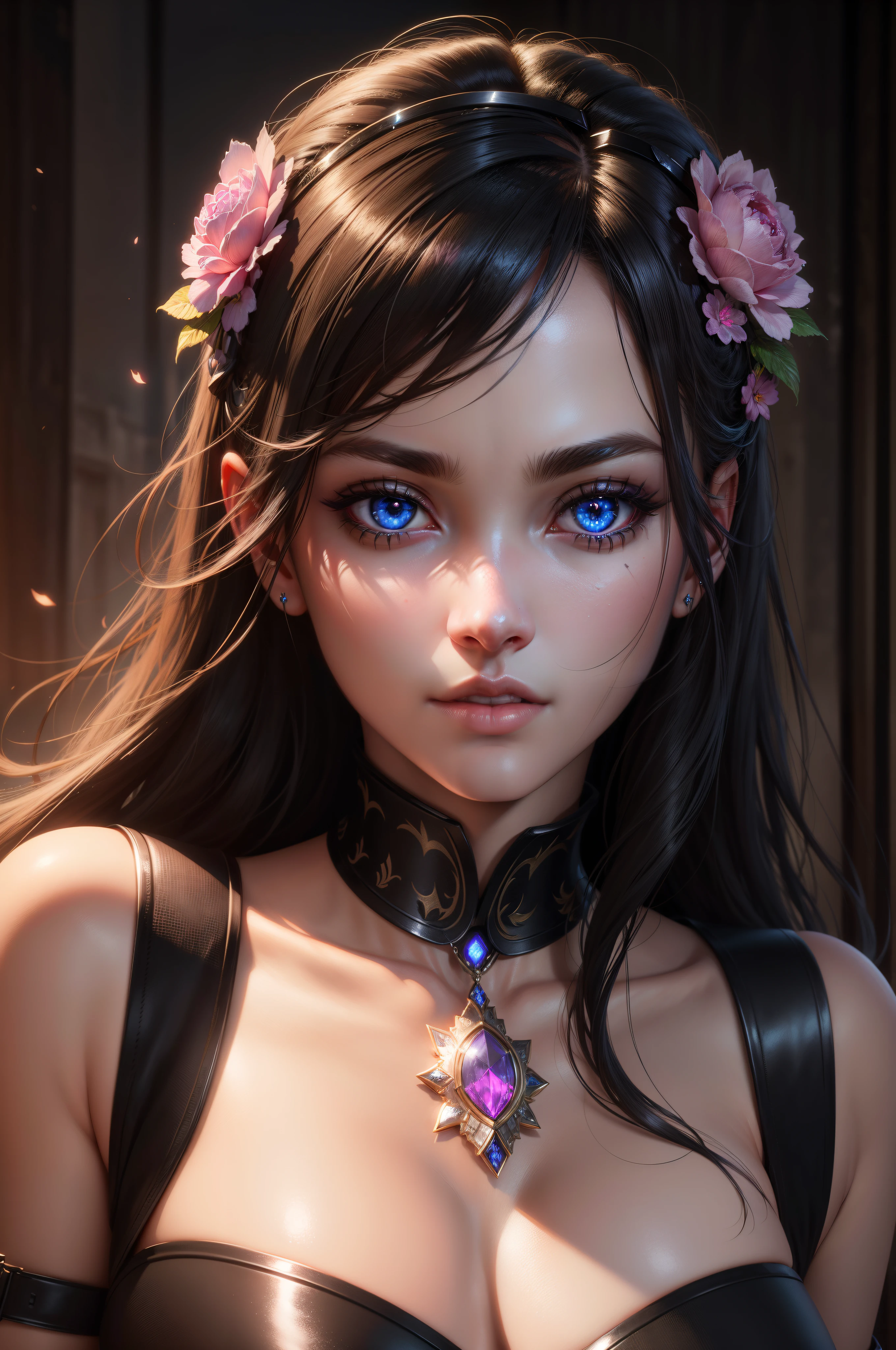 obra maestra, Alta calidad, 4k, Motor irreal, Retrato facial de una princesa muy hermosa, ojos brillantes, cara sexy, ojos brillantes, hiperrealista, super detailed, Dynamic Shot, pelo negro, Brown eyes, Labios rosados