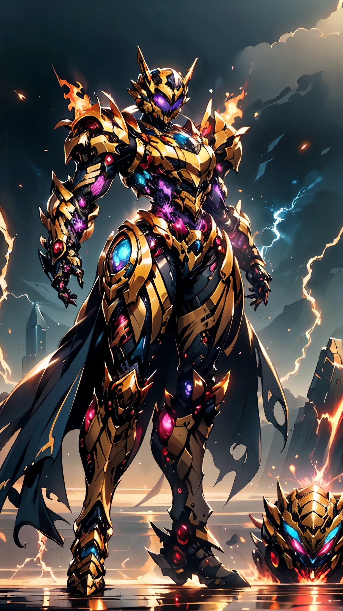 A woman adorned in fantasy-style full-body armor, a crown-concept fully enclosed helmet that unveils only her eyes, a composite layered chest plate, fully encompassing shoulder and hand guards, a lightweight waist armor, form-fitting shin guards, the overall design is heavy-duty yet flexible, ((the armor gleams with a golden glow, complemented by red and blue accents)), exhibiting a noble aura, she floats above a fantasy-surreal high-tech city, this character embodies a finely crafted fantasy-surreal style armored hero in anime style, exquisite and mature manga art style, (Queen bee mixed with Spider concept Armor, plasma, blood), ((Element, energy, elegant, goddess, femminine:1.5)), metallic, high definition, best quality, highres, ultra-detailed, ultra-fine painting, extremely delicate, professional, anatomically correct, symmetrical face, extremely detailed eyes and face, high quality eyes, creativity, RAW photo, UHD, 32k, Natural light, cinematic lighting, masterpiece-anatomy-perfect, masterpiece:1.5