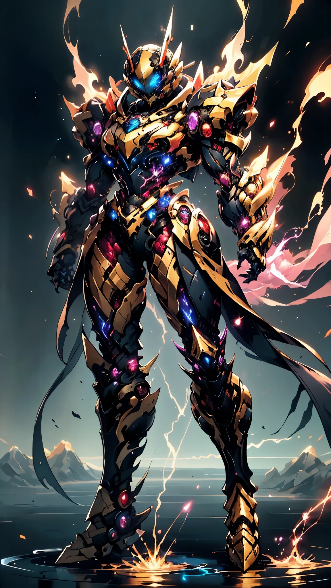 A woman adorned in fantasy-style full-body armor, a crown-concept fully enclosed helmet that unveils only her eyes, a composite layered chest plate, fully encompassing shoulder and hand guards, a lightweight waist armor, form-fitting shin guards, the overall design is heavy-duty yet flexible, ((the armor gleams with a golden glow, complemented by red and blue accents)), exhibiting a noble aura, she floats above a fantasy-surreal high-tech city, this character embodies a finely crafted fantasy-surreal style armored hero in anime style, exquisite and mature manga art style, (Queen bee mixed with Spider concept Armor, plasma, blood), ((Element, energy, elegant, goddess, femminine:1.5)), metallic, high definition, best quality, highres, ultra-detailed, ultra-fine painting, extremely delicate, professional, anatomically correct, symmetrical face, extremely detailed eyes and face, high quality eyes, creativity, RAW photo, UHD, 32k, Natural light, cinematic lighting, masterpiece-anatomy-perfect, masterpiece:1.5