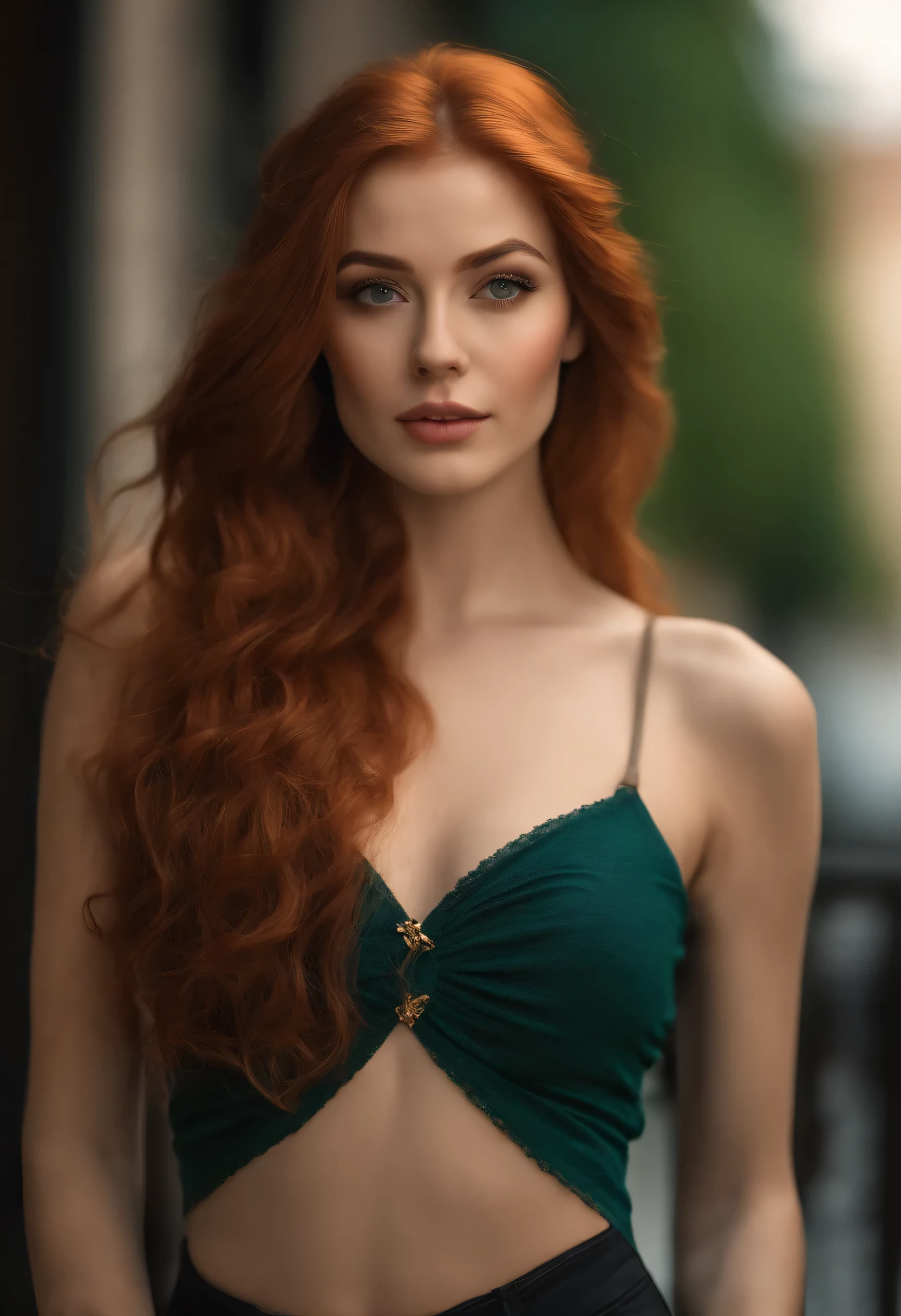professional, (4k photo:1.1) by (Jeremy Lipking:0.3), (Dittmann Anna:0.3), (Arian Mark:0.3), (Sharp focus:1.3), high detail, wearing (tight shirt:1.2), beautiful detailed face, an attractive woman with long red hair looks into the camera, looking like actress Katherine McNamara, panasonic lumix s pro 50mm f/1.4, anne stokes, color splash, dark orange and dark emerald, ferrania p30, photo realistic, (attractive young woman:1.3), (seductive:1.1), (blushing:1.1), hourglass body shape, big round breasts, wide hips, in background city