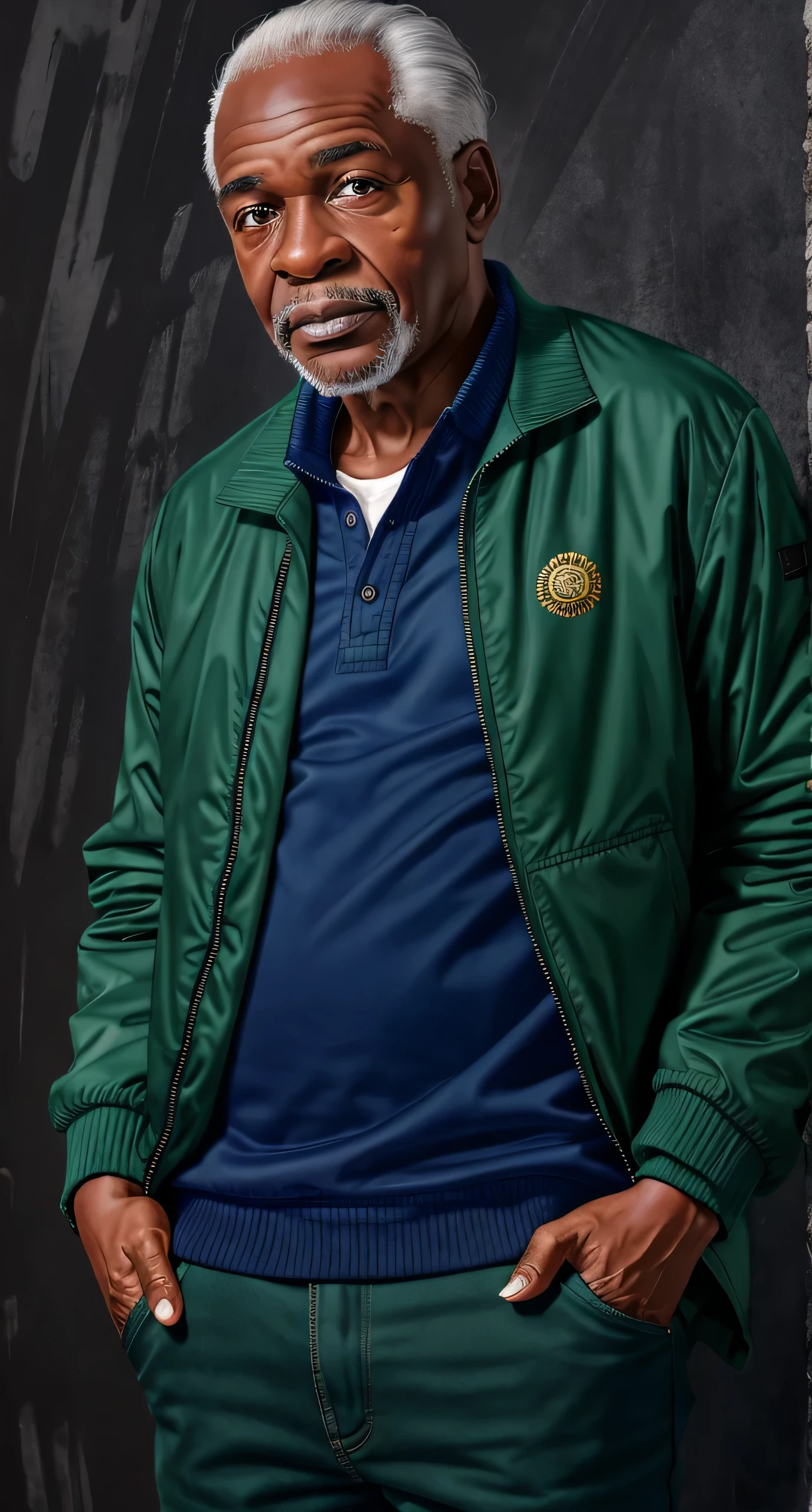 Masterpiece, best quality, hi res, 8k, hi res, 8k,  award winning , (sharp focus, intricate, highly detailed) ikegwu, an old man, green jacket, bold background