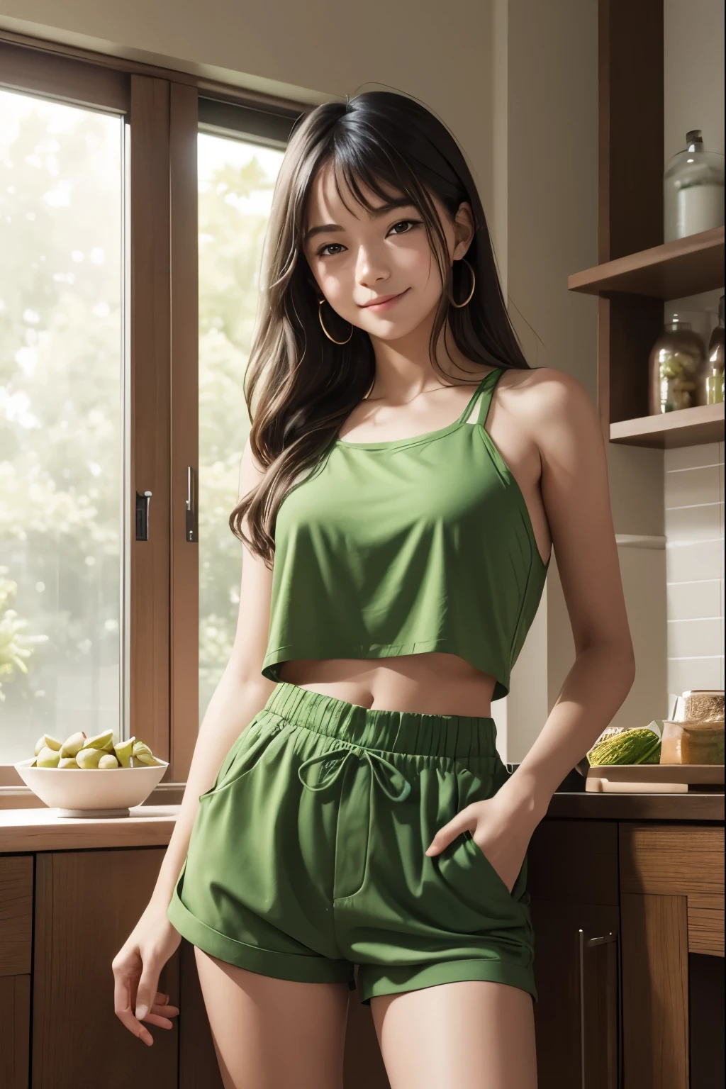 age girl wearing a fitted green top and shorts standing against a backdrop of a softly lit evening. She is wearing a fashionable green outfit that complements her style and the theme of National Pistachio Day. Aria's confident expression and relaxed posture exude a sense of casual elegance as she celebrates the occasion. In her hand, she holds a small bowl filled with pistachio nuts, emphasizing the theme of the post. The overall mood of the image is warm and inviting, inviting viewers to join in the celebration of this fun food holiday.