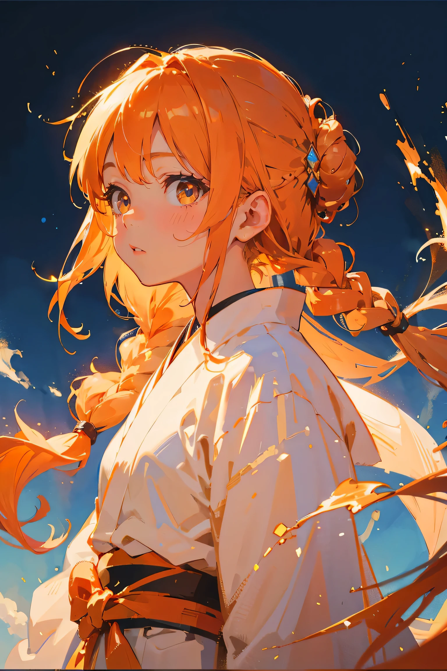 oil painting,orange long hair girl with braid bun,looking to the blue clear skye,white kimono,
perspective from under her face,anime style,hd formal, fancy, sparkle,simple background,