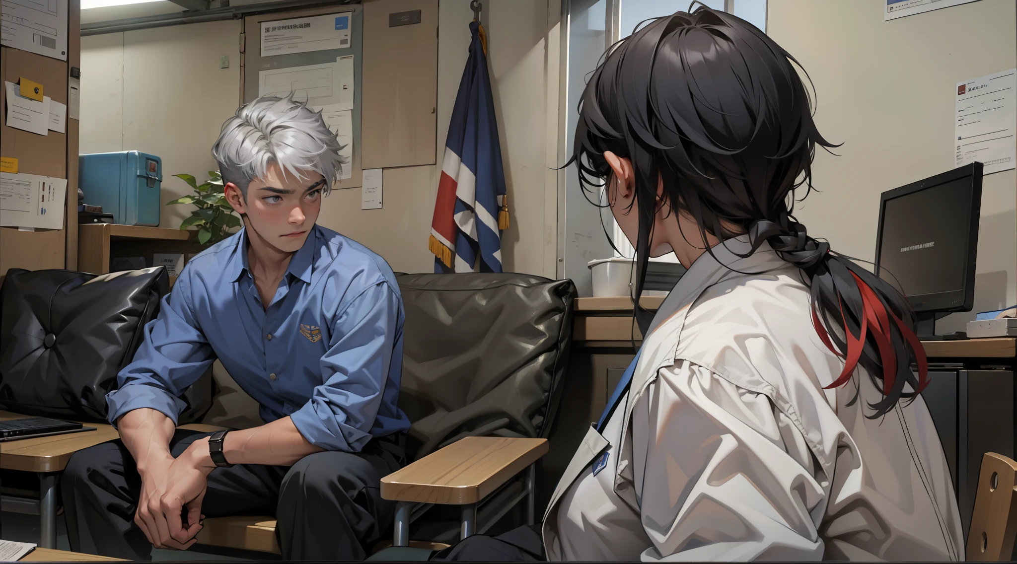 There is a handsome 18-year-old boy with short silver hair and gray eyes sitting listening to his school principal.