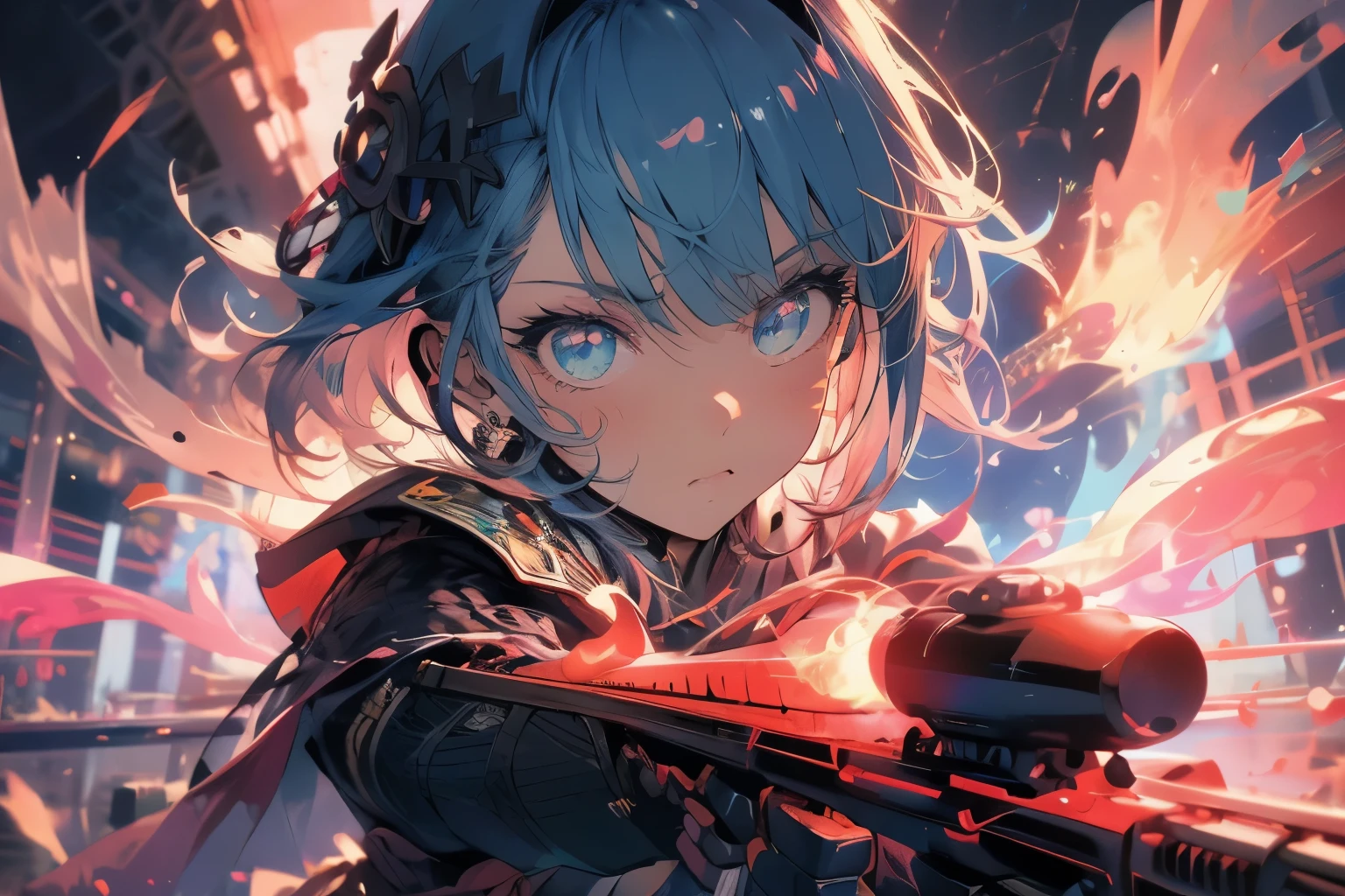 one girl, solo, masterpiece, blue electric circuit background, armed with weapon, gun