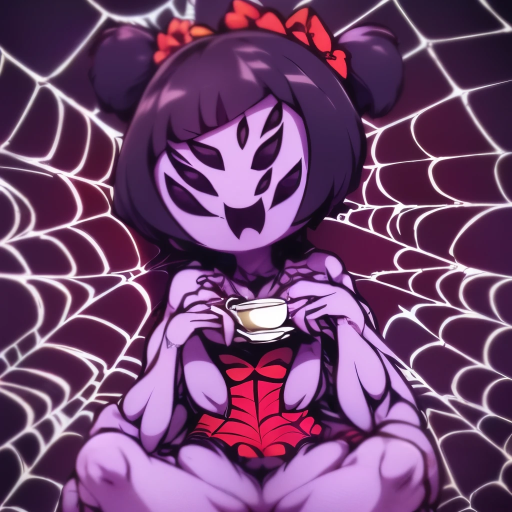 masterpiece, best quality, a beautiful and detailed portriat of muffet,(muffetwear), monster girl,((purple body:1.3)),humanoid, arachnid, anthro,((fangs)),pigtails,hair bows,5 eyes,spider girl,6 arms,solo,smile, clothed, open mouth, awesome and detailed background, holding teapot, holding teacup, 6 hands,detailed hands,((spider webs:1.4)), storefront that sells pastries and tea,bloomers,(red and black clothing),inside,pouring into teacup,wide angle lens, ((fish eye effect)) ,armwear, thick_thighs, spread legs