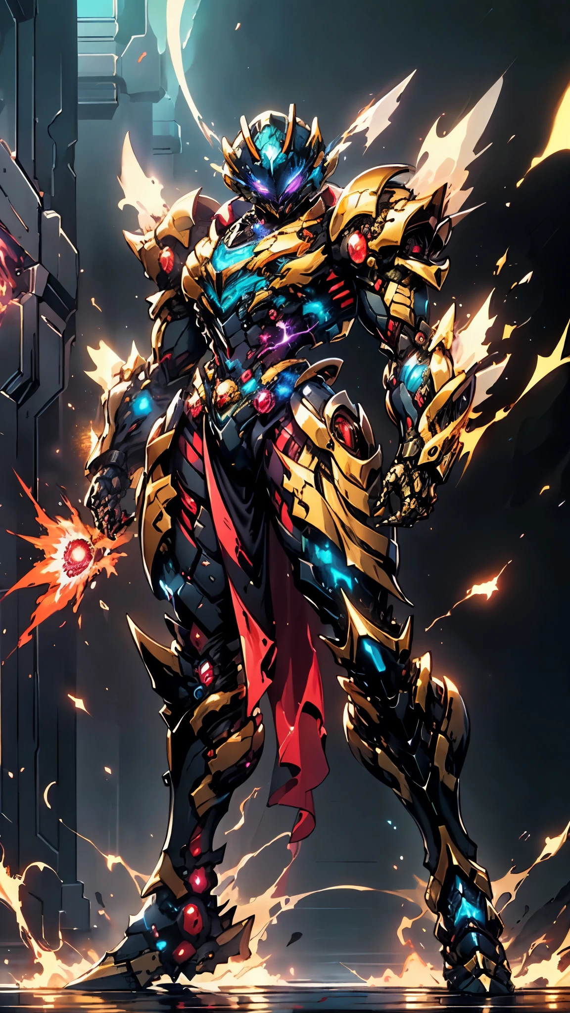 A woman adorned in fantasy-style full-body armor, a crown-concept fully enclosed helmet that unveils only her eyes, a composite layered chest plate, fully encompassing shoulder and hand guards, a lightweight waist armor, form-fitting shin guards, the overall design is heavy-duty yet flexible, ((the armor gleams with a golden glow, complemented by red and blue accents)), exhibiting a noble aura, she floats above a fantasy-surreal high-tech city, this character embodies a finely crafted fantasy-surreal style armored hero in anime style, exquisite and mature manga art style, (Queen bee mixed with Spider concept Armor, plasma, blood), ((Element, energy, elegant, goddess, femminine:1.5)), metallic, high definition, best quality, highres, ultra-detailed, ultra-fine painting, extremely delicate, professional, anatomically correct, symmetrical face, extremely detailed eyes and face, high quality eyes, creativity, RAW photo, UHD, 32k, Natural light, cinematic lighting, masterpiece-anatomy-perfect, masterpiece:1.5