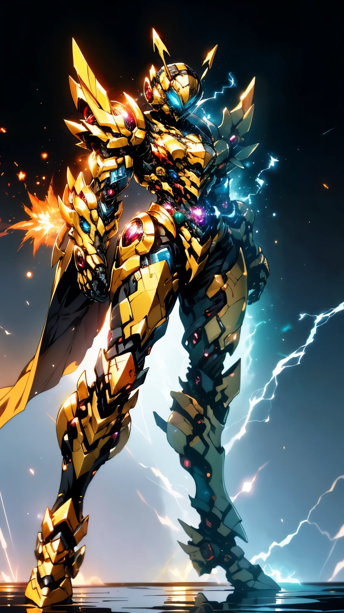 A woman adorned in fantasy-style full-body armor, a crown-concept fully enclosed helmet that unveils only her eyes, a composite layered chest plate, fully encompassing shoulder and hand guards, a lightweight waist armor, form-fitting shin guards, the overall design is heavy-duty yet flexible, ((the armor gleams with a golden glow, complemented by red and blue accents)), exhibiting a noble aura, she floats above a fantasy-surreal high-tech city, this character embodies a finely crafted fantasy-surreal style armored hero in anime style, exquisite and mature manga art style, (Queen bee mixed with Spider concept Armor, plasma, blood), ((Element, energy, elegant, goddess, femminine:1.5)), metallic, high definition, best quality, highres, ultra-detailed, ultra-fine painting, extremely delicate, professional, anatomically correct, symmetrical face, extremely detailed eyes and face, high quality eyes, creativity, RAW photo, UHD, 32k, Natural light, cinematic lighting, masterpiece-anatomy-perfect, masterpiece:1.5