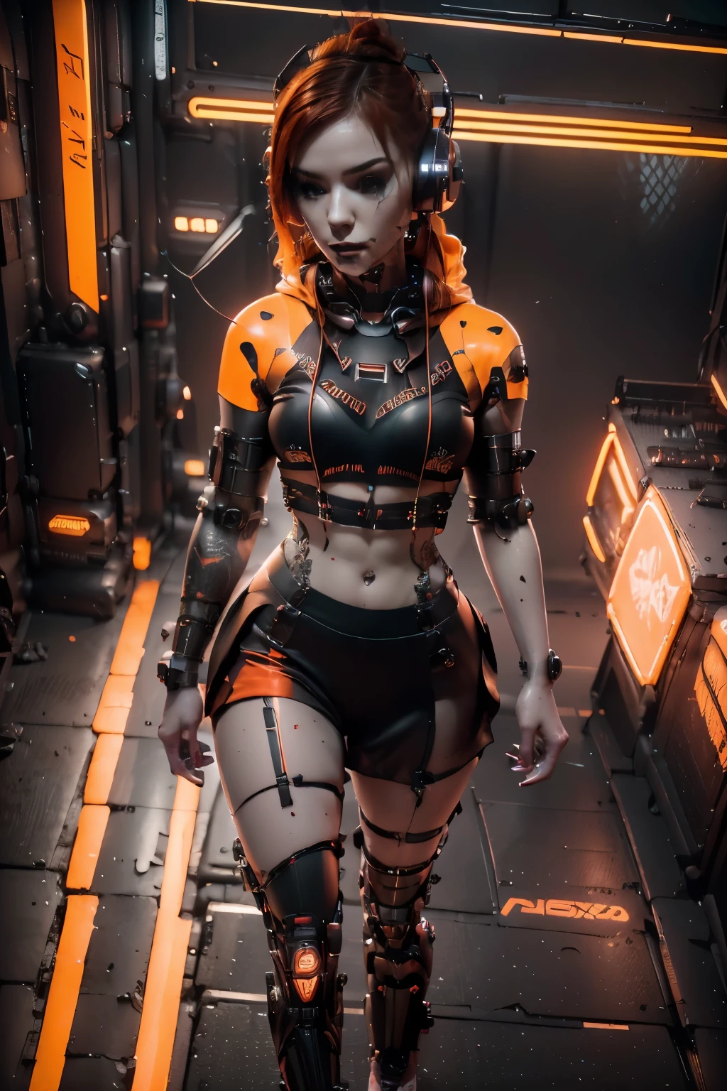 analog style, model shoot tyle, (((full body ))), tattooed arm, and neck, beautiful redhead girl middle twenties, (long red hair whit punk style orange lights), ((( wearing a sport neon short hoody ))), (((asymmetrical gothic plastic skirt long on one side and short on the other ))), (Sneakers orange and yellow ),  (( whit robotic legs black cromed )), on her left hand nails sharpende like cyber claws, (Cyberpunk, Cyberpunk city background ), ((Perfect face:1.3)), (pale skin:1.5), (From  above:1.4), Best Quality, (Colors, hyperdetails:1.5), Octane Render, ultra realistic lifelike textures, masterpiece, the Extremely Detailed CG Unity 8K Wallpapers, crazy detail details, Ultra-realistic light