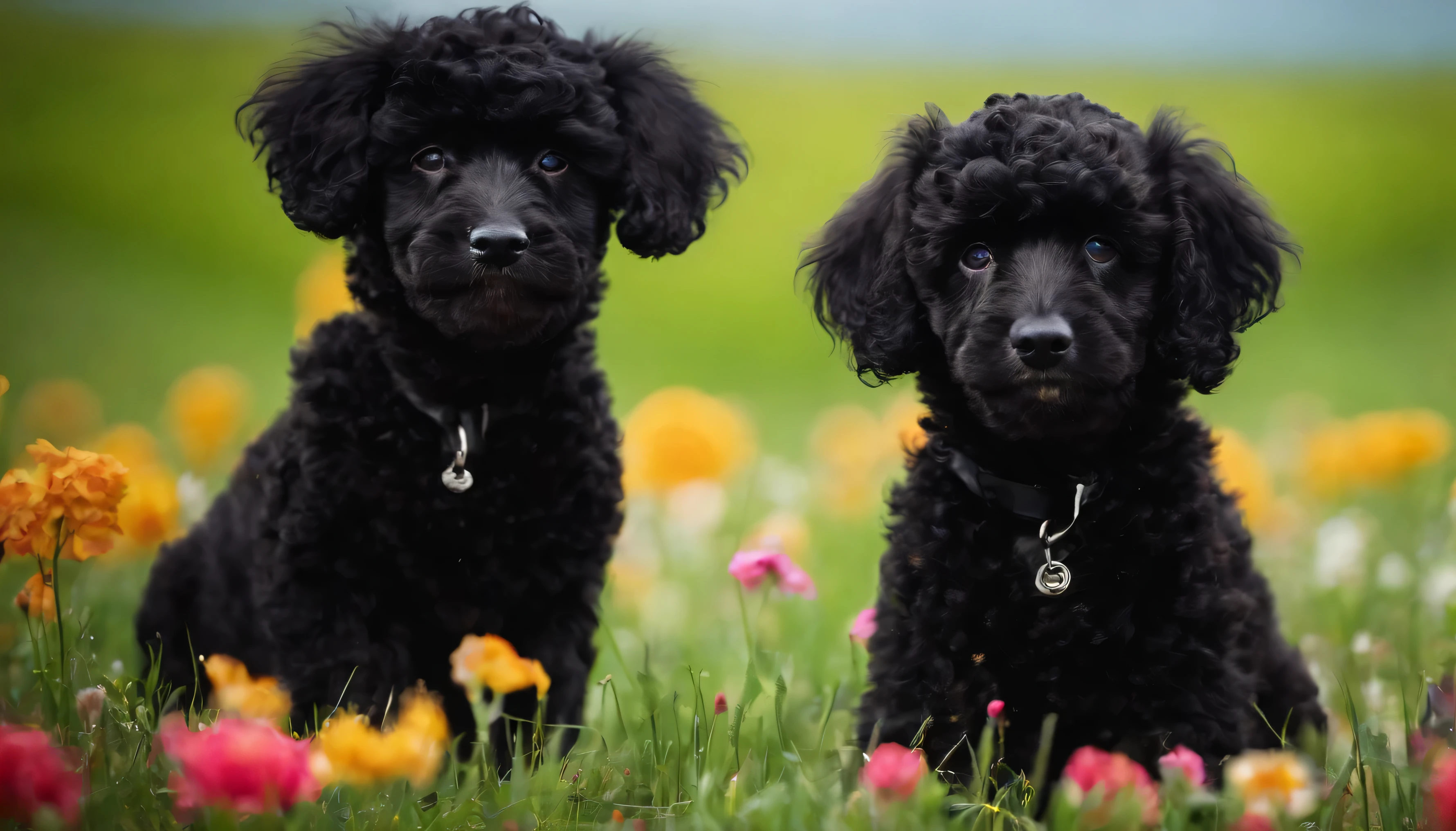 a black poodle filhote de cachorro playing in the grass,average,filhote de cachorro,playful,Curioso,kawaii,soft fur,Patas pequenas,abanando o rabo,olhos ansiosos,flores coloridas,luz do sol,vegetation,saltar e correr,high resolution,Realista,Happy expression,pet,casaco preto,cores vibrantes,natureza,atmosfera animada,sharp details,bokeh.