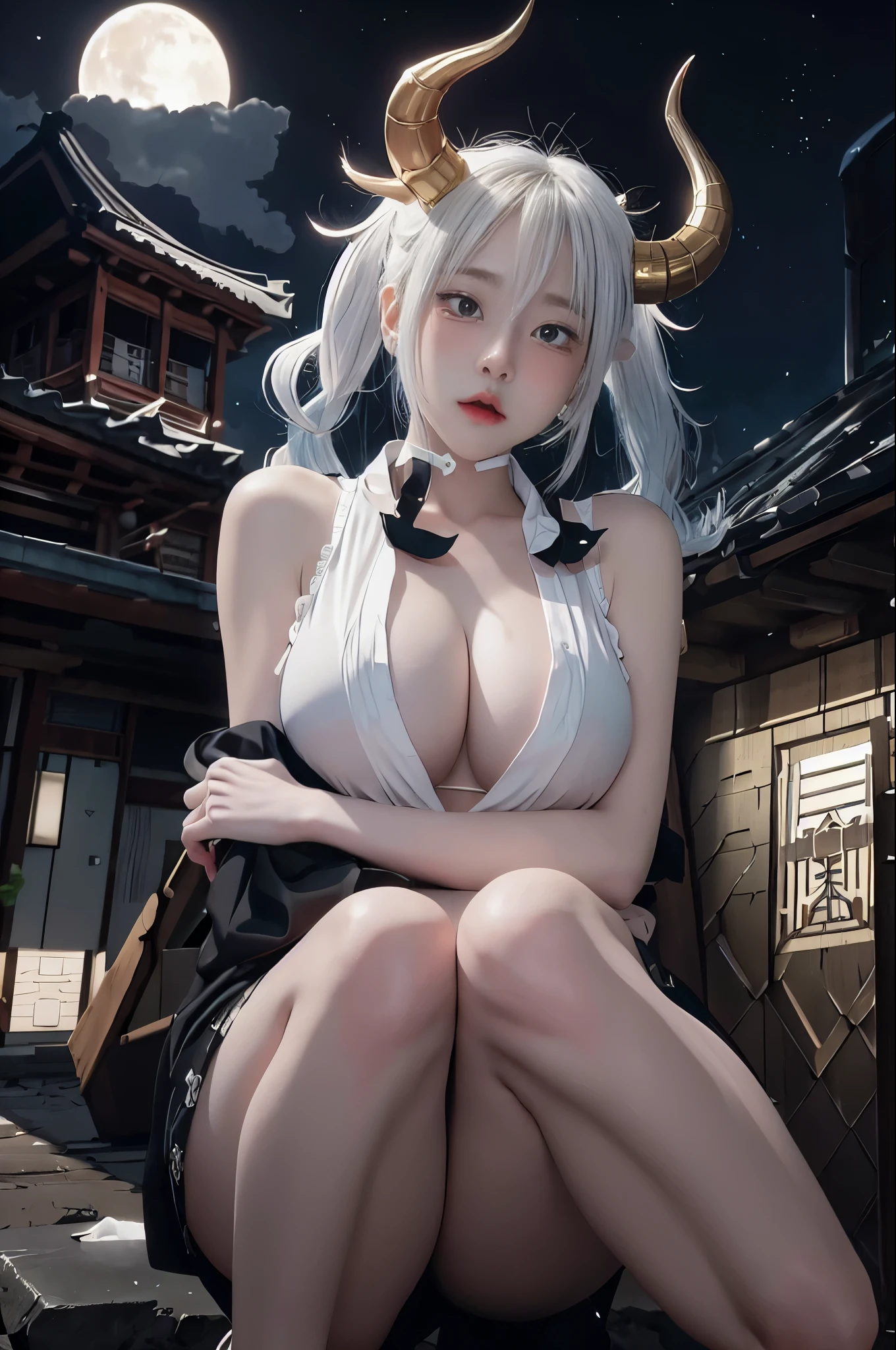 Girl with horns and white shirt sitting on a rock, Anime wallpaper 4K konachan ที่ดีที่สุด, Charming anime girl, beautiful anime womanมีเสน่ห์, white haired god, anime badass 8 k, manga wallpaper 4 k, Beautiful anime girl squatting, biomechanics oppai, anime style 4k, Anime wallpaper 4K, beautiful anime woman, official art