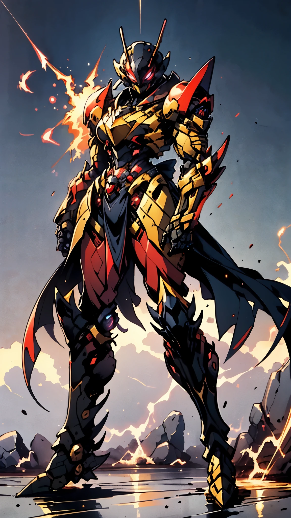 A woman adorned in fantasy-style full-body armor, a crown-concept fully enclosed helmet that unveils only her eyes, a composite layered chest plate, fully encompassing shoulder and hand guards, a lightweight waist armor, form-fitting shin guards, the overall design is heavy-duty yet flexible, ((the armor gleams with a golden glow, complemented by red and blue accents)), exhibiting a noble aura, she floats above a fantasy-surreal high-tech city, this character embodies a finely crafted fantasy-surreal style armored hero in anime style, exquisite and mature manga art style, (Queen bee mixed with Spider concept Armor, plasma, blood), ((Element, energy, elegant, goddess, femminine:1.5)), metallic, high definition, best quality, highres, ultra-detailed, ultra-fine painting, extremely delicate, professional, anatomically correct, symmetrical face, extremely detailed eyes and face, high quality eyes, creativity, RAW photo, UHD, 32k, Natural light, cinematic lighting, masterpiece-anatomy-perfect, masterpiece:1.5