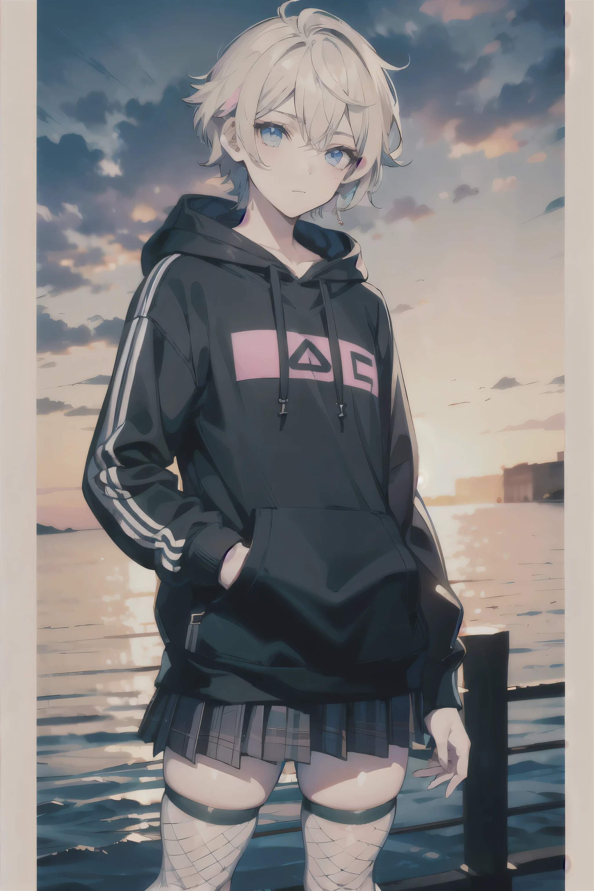 femboy, effeminate boy, beautiful boy, skirt, fishnet tights, hoodie, tall, lean, short hair, pastel colors