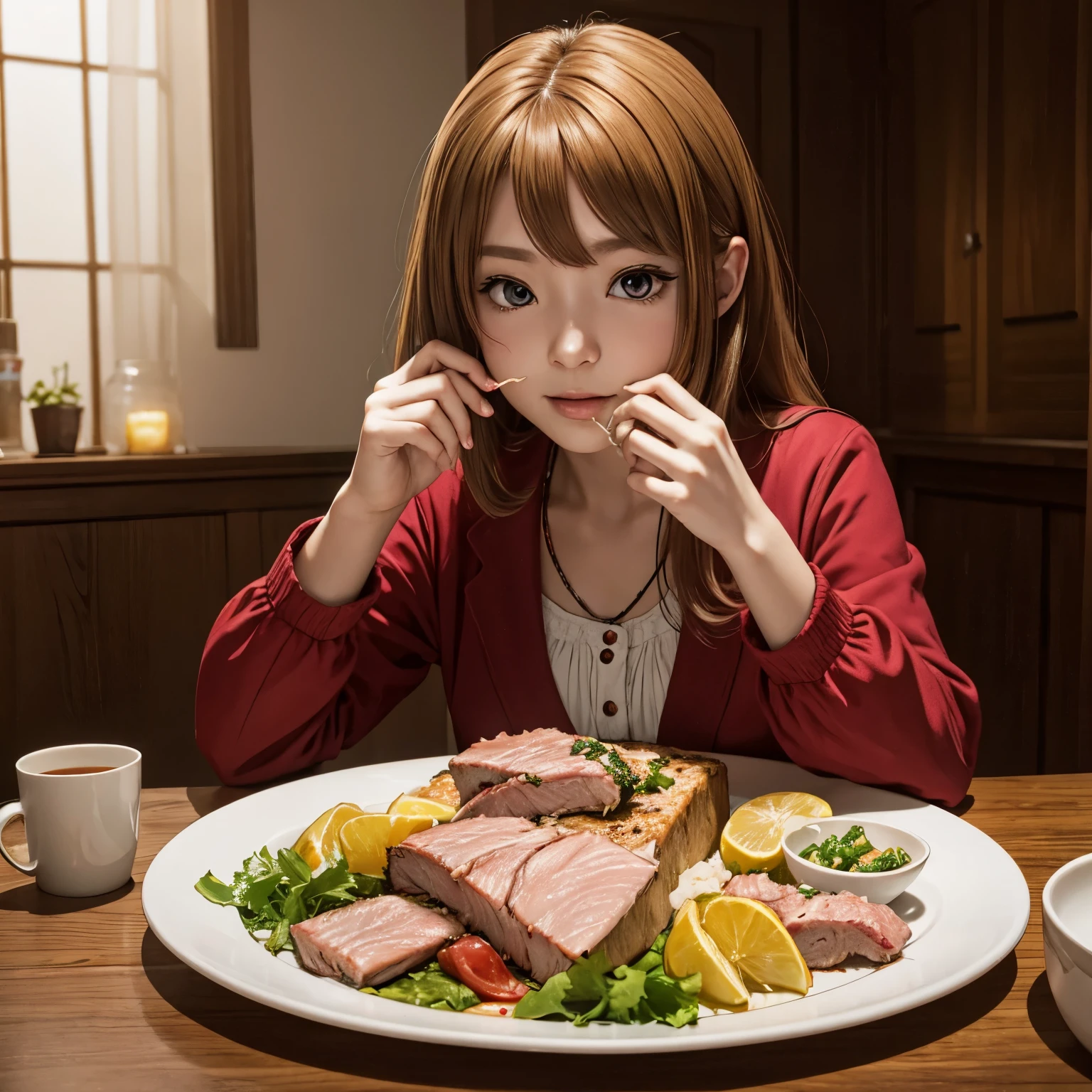 A female anime character eating tuna